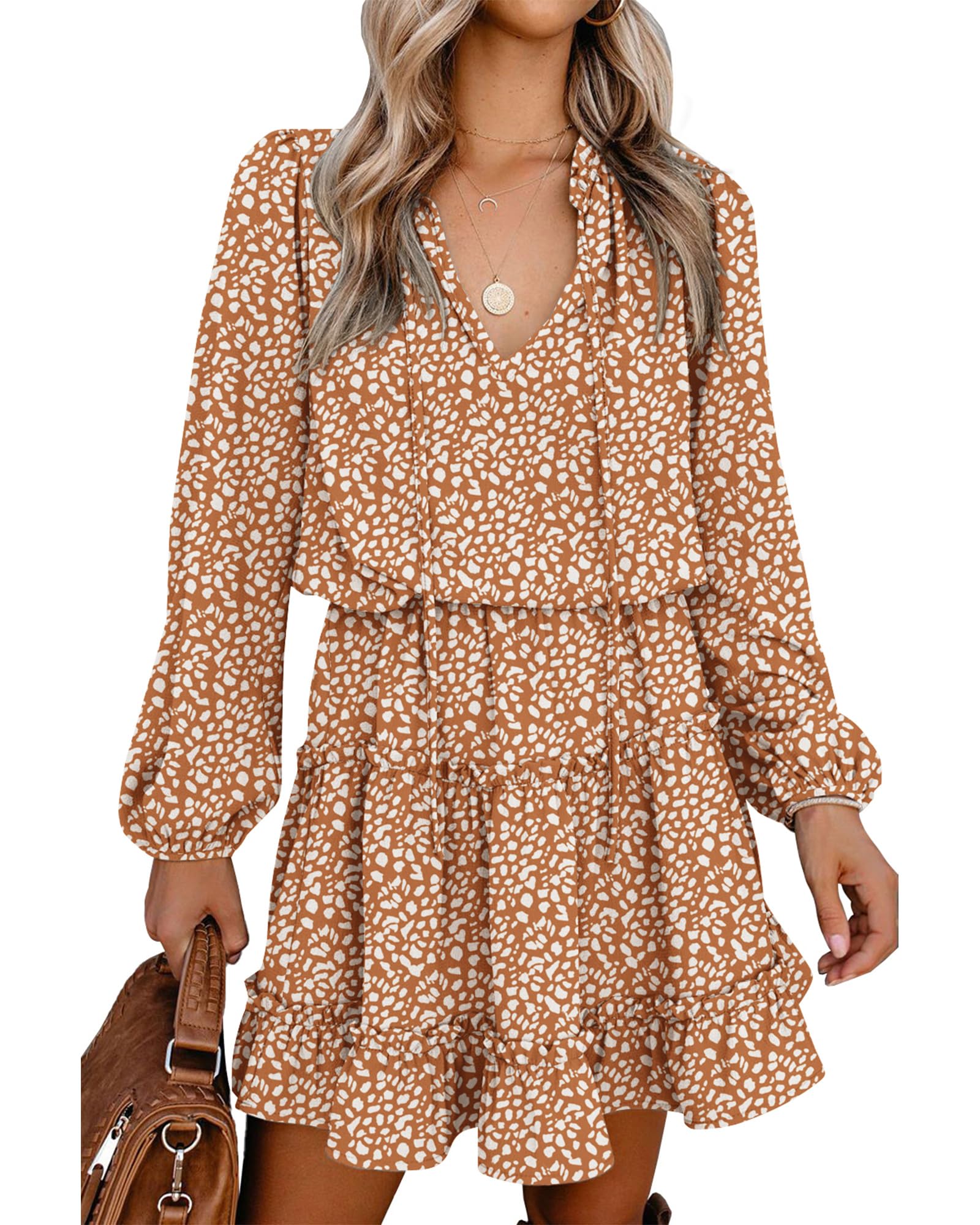 FreshPretty Long Sleeve Fall Dresses for Women Summer Casual Tie Neck Ruffle Tiered A Line Wedding Guest Short Mini Dress