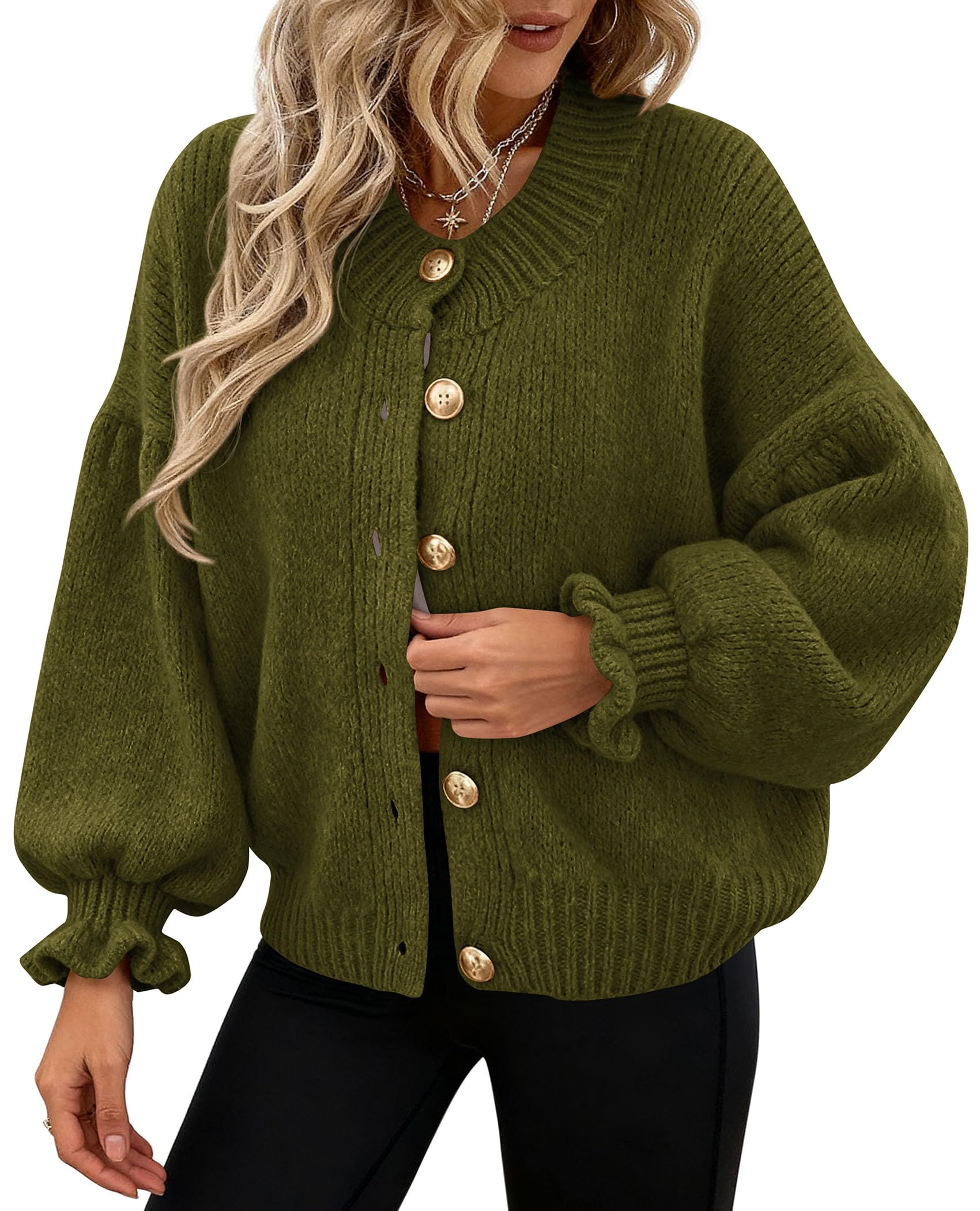 PRETTYGARDEN Womens Cropped Cardigans Trendy Ruffle Open Front Chunky Knit Sweater Oversized Button Down Fall Clothes