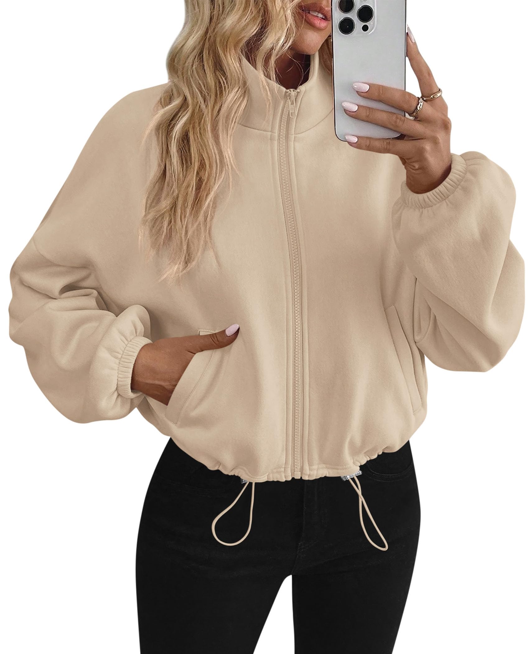 PRETTYGARDEN Womens Zip Up Fleece Cropped Sweatshirt Jacket Oversized Loose Soft Stand Collar with Drawstring Hem, Long Sleeve Casual Coat With Pockets, Fall Outfits Winter Clothing