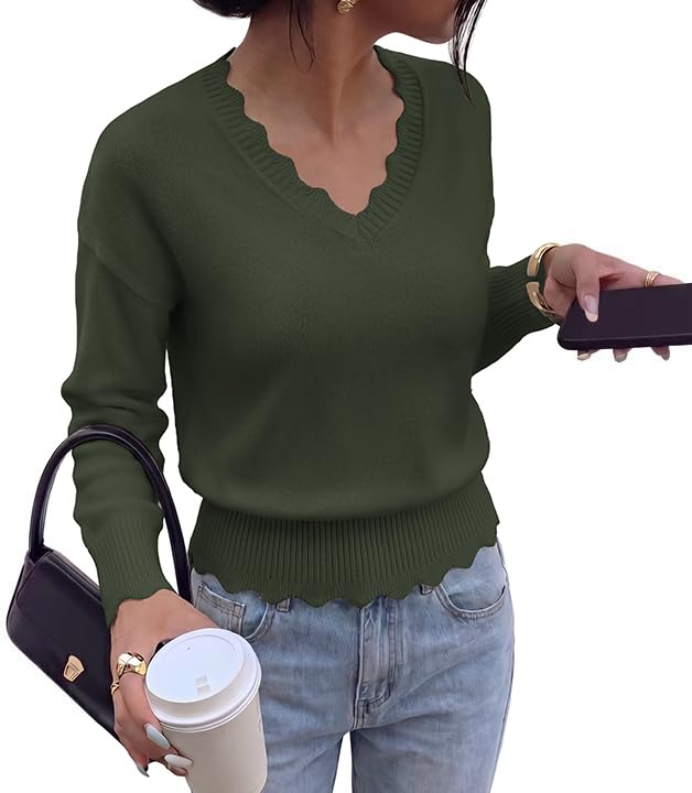 BTFBM Fall Long Sleeve Sweaters for Women | V Neck,Drop Shoulders,Scallop Edges,Lightweight Knit Sweaters Top,Daily Wear,Holiday,Christmas,Winter Clothing