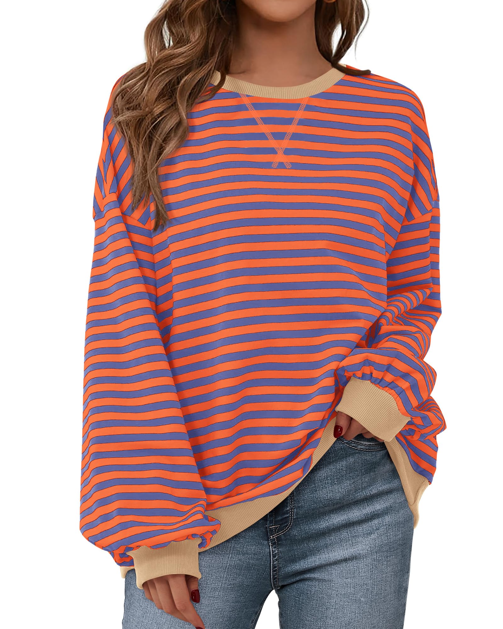 BTFBM Sweatshirt For Women Summer Crewneck Long Sleeve Oversized Striped Pullover Tops Y2K Clothes Workout Shirt