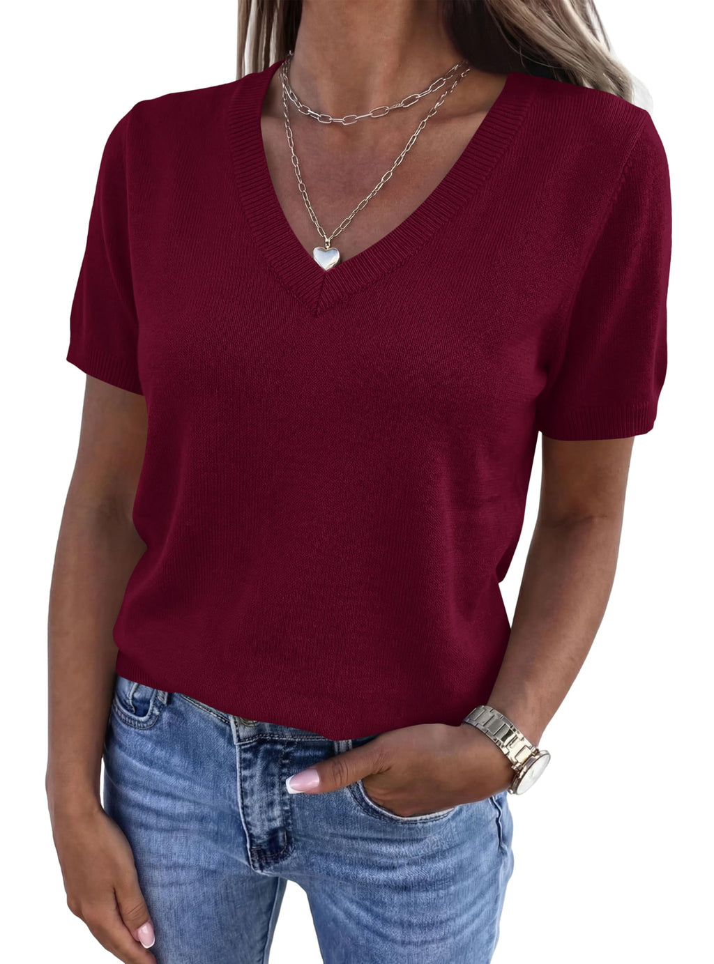 PRETTYGARDEN Womens Short Sleeve Sweater V Neck Trendy Pullover Tops Summer Spring Loose Lightweight Casual Blouse