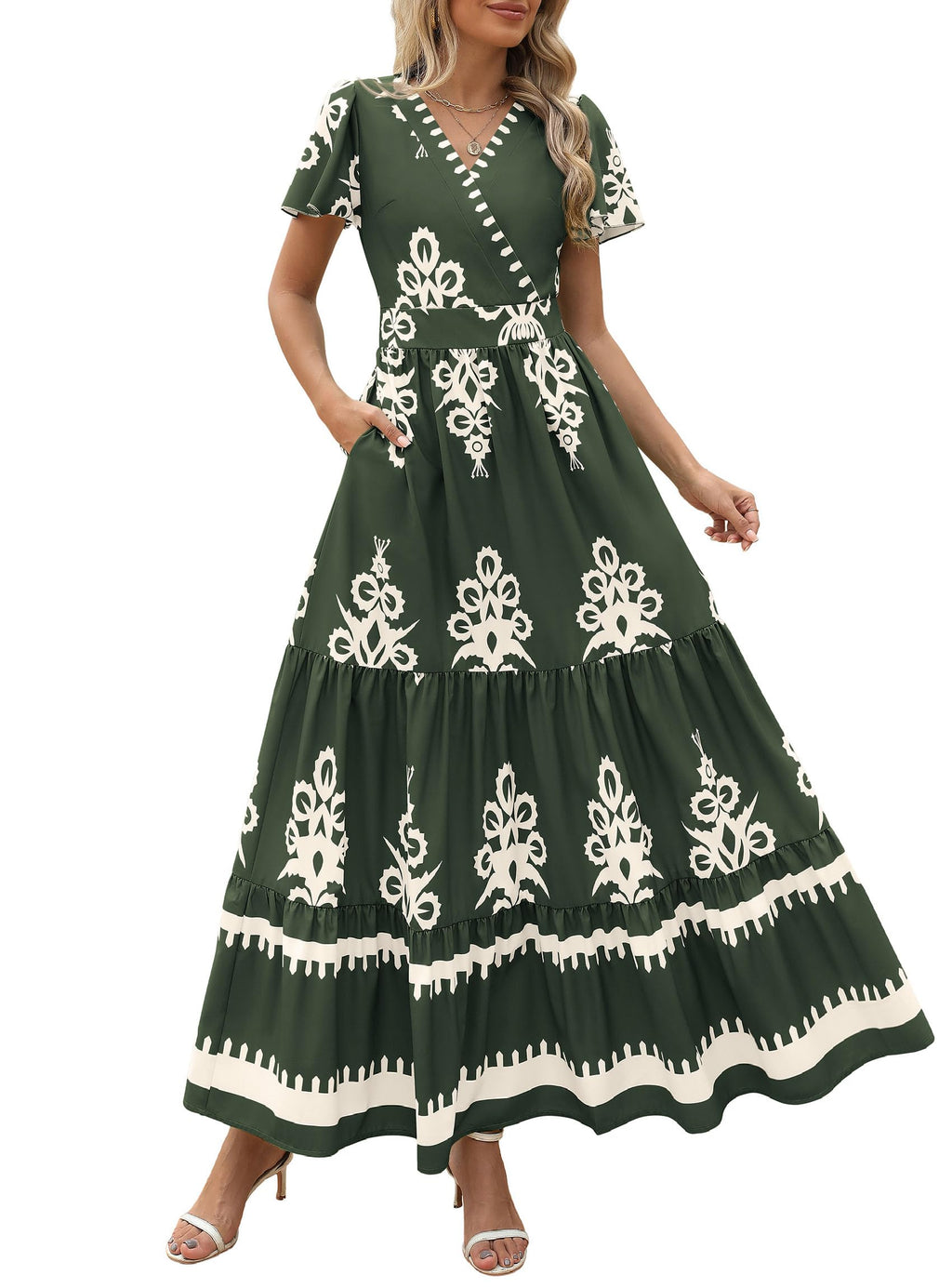 PRETTYGARDEN Womens Summer Casual V Neck Boho Maxi Dress Flowy Aline Bell Sleeve Tiered Floral Dresses with Pocket