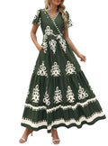 PRETTYGARDEN Womens Summer Casual V Neck Boho Maxi Dress Flowy Aline Bell Sleeve Tiered Floral Dresses with Pocket