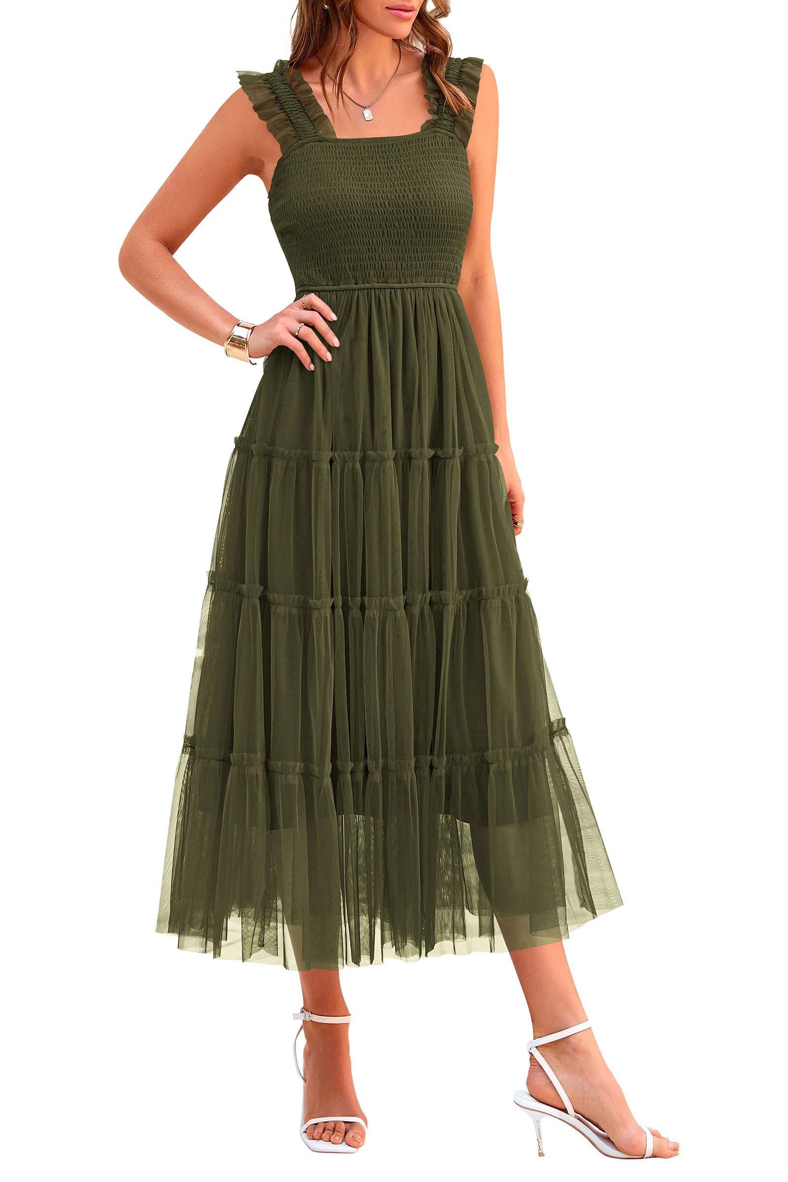 PRETTYGARDEN Women's Summer Tulle Midi Dress Sleeveless Smocked Ruffle Flowy Mesh Dresses Party Wedding Guest Sundress