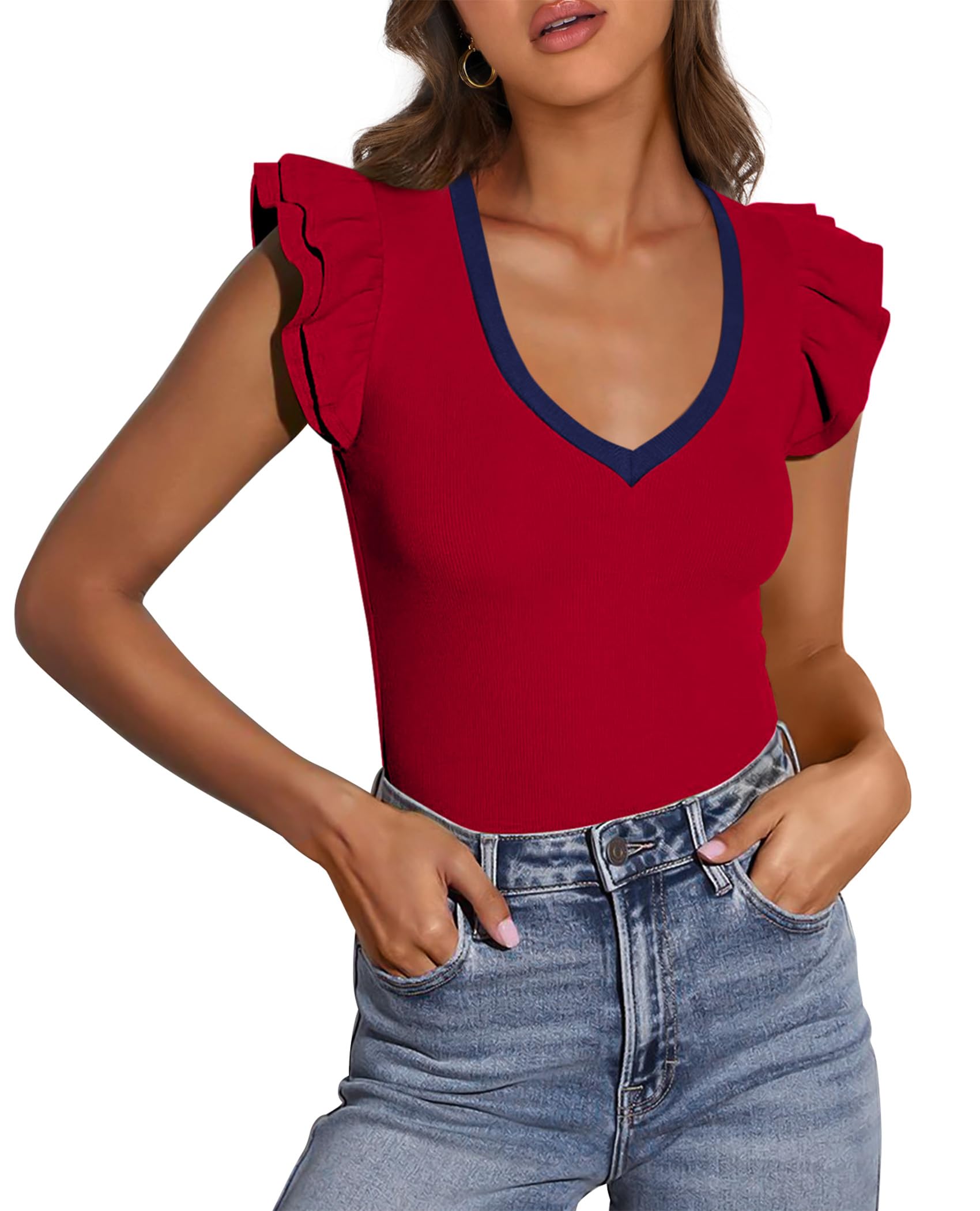 PRETTYGARDEN Womens V Neck Summer Tops Ruffle Sleeveless Slim Fit T Shirts Going Out Casual Blouses