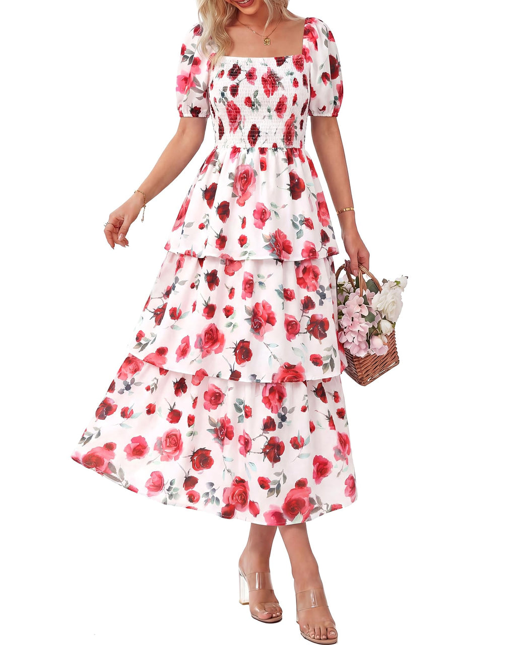 BTFBM Womens Square Neck Smocked Dress Summer Puff Short Sleeve Floral Casual Ruffle Tiered Maxi Wedding Guest Dresses