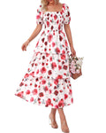 BTFBM Womens Square Neck Smocked Dress Summer Puff Short Sleeve Floral Casual Ruffle Tiered Maxi Wedding Guest Dresses