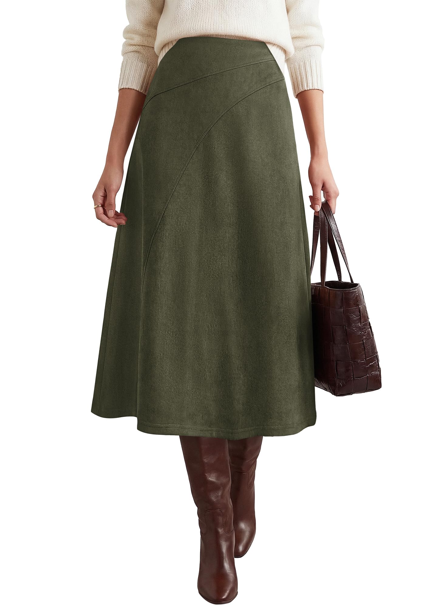 BTFBM Women Faux Suede Midi Long Skirt Fall Fashion | High Waisted Skirts For Women Trendy, Lightweight, Back Elastic, Arc Line Design, A-Line, Winter Dress, Boho Western Outfits