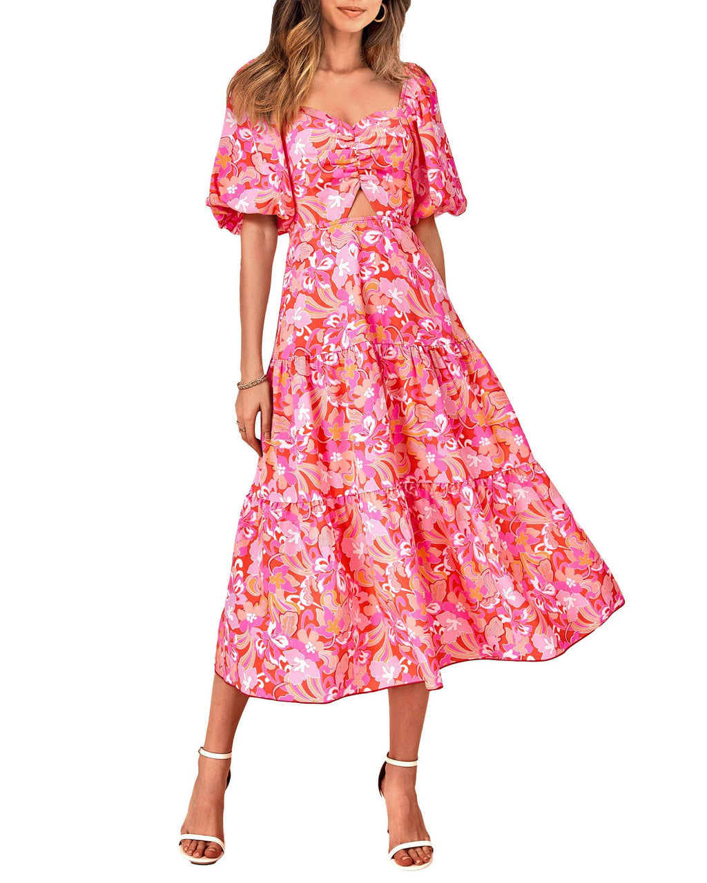 FreshPretty Women Summer Dresses Casual Flowy Beach Square Neck Puff Short Sleeve Smocked Back Boho Floral Long Maxi Dress