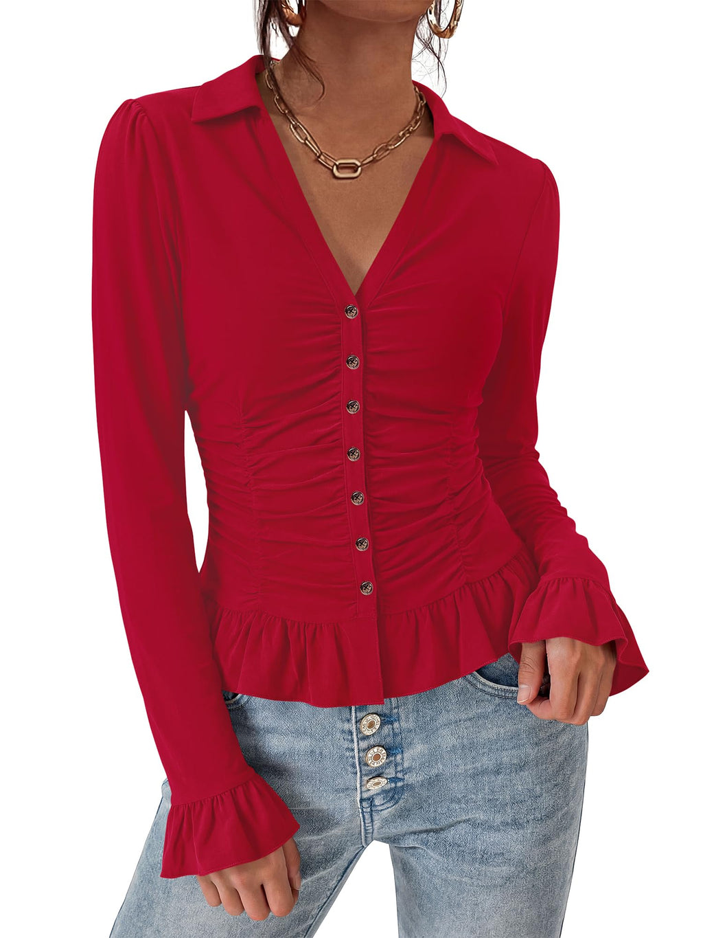 BTFBM Fitted Button Down Shirts for Women Dressy Casual Tops Collar V Neck Long Sleeve Ruched Tops, Stretchy Ruffle Blouses, Fall Fashion Clothing, Work Date Night Going Out Outfits