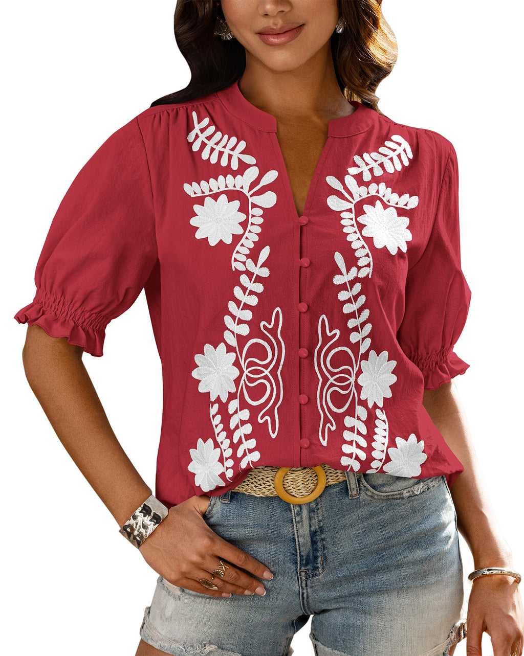 BTFBM Women's Spring Tops Casual Floral Boho V Neck Puff Short Sleeve Button Down Shirts Embroidered Blouses Tunic