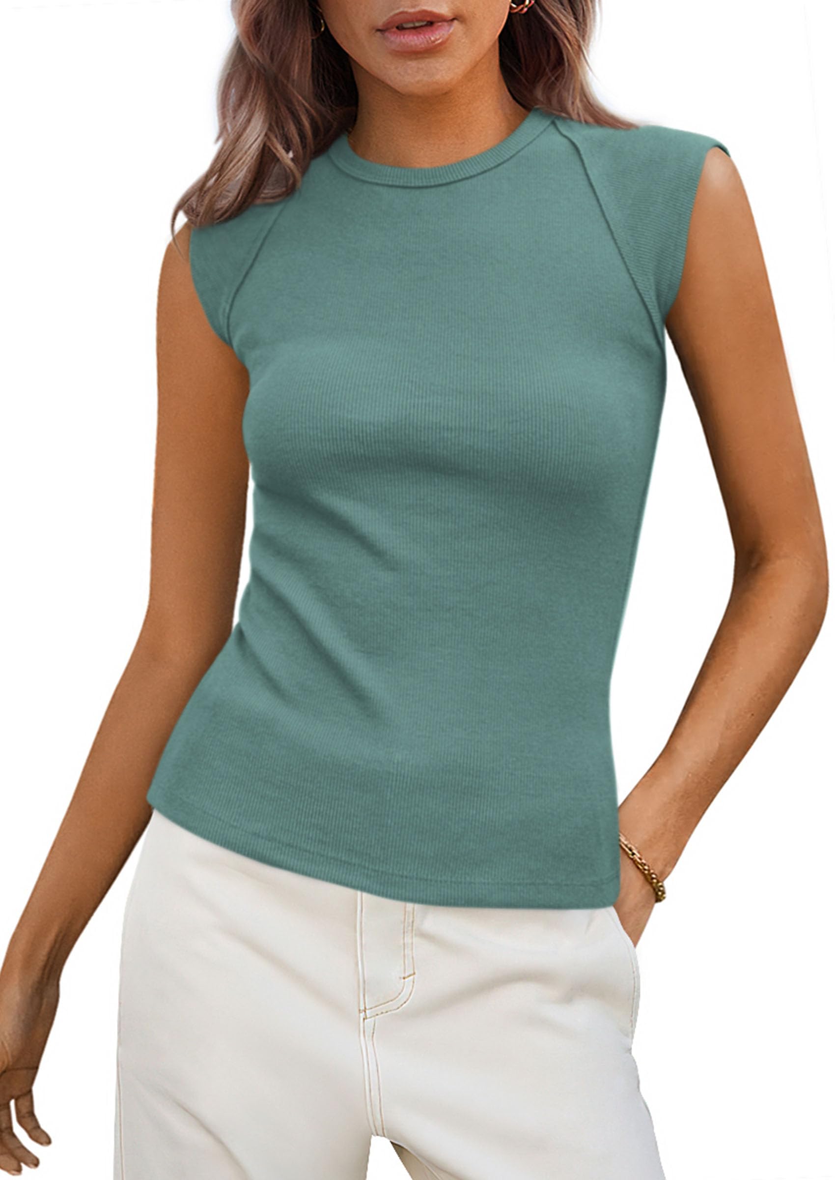 PRETTYGARDEN Women's Ribbed Tank Tops Summer Cap Sleeve Slim Fitted Knit Basic Casual Tee Shirts Trendy Fashion Clothes
