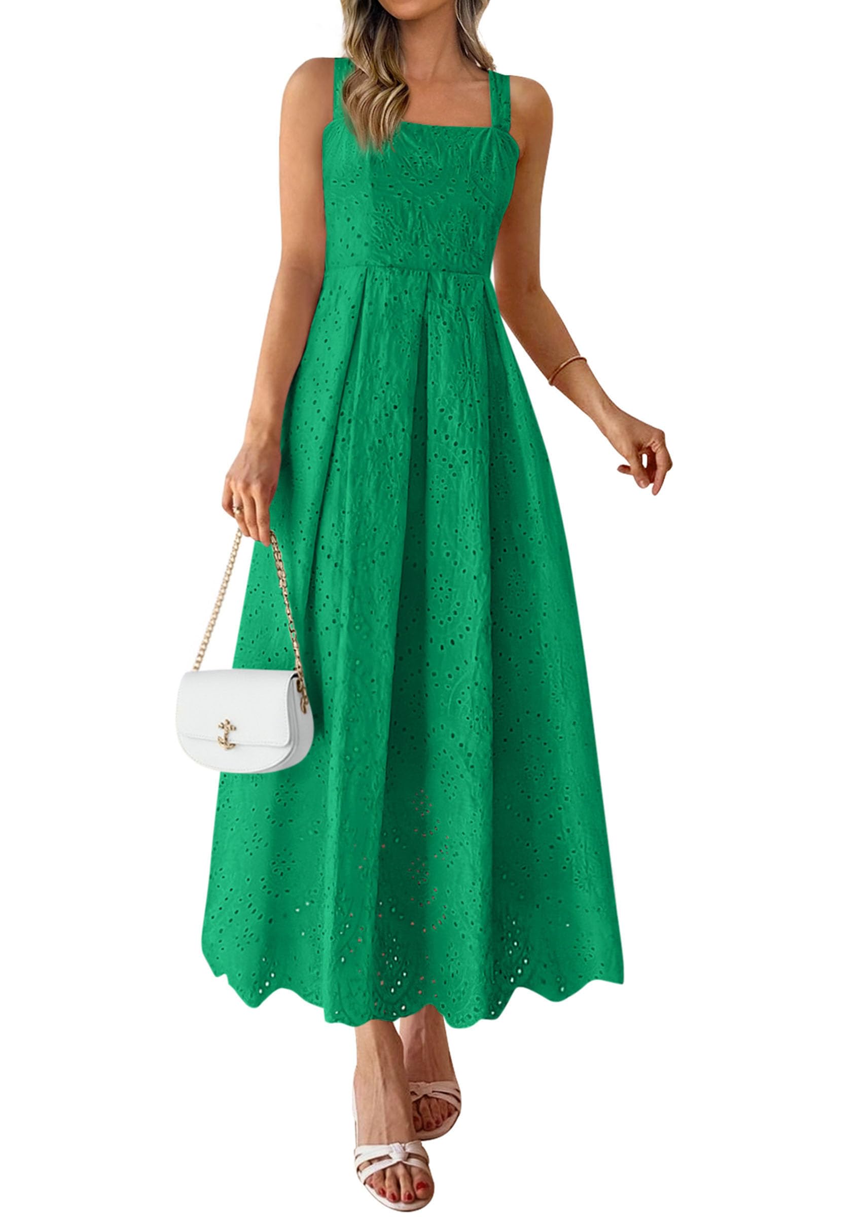 PRETTYGARDEN Womens Sleeveless Maxi Summer Dresses Hollow Out Eyelet Square Neck Ruffle Flowy Beach Vacation Sundress