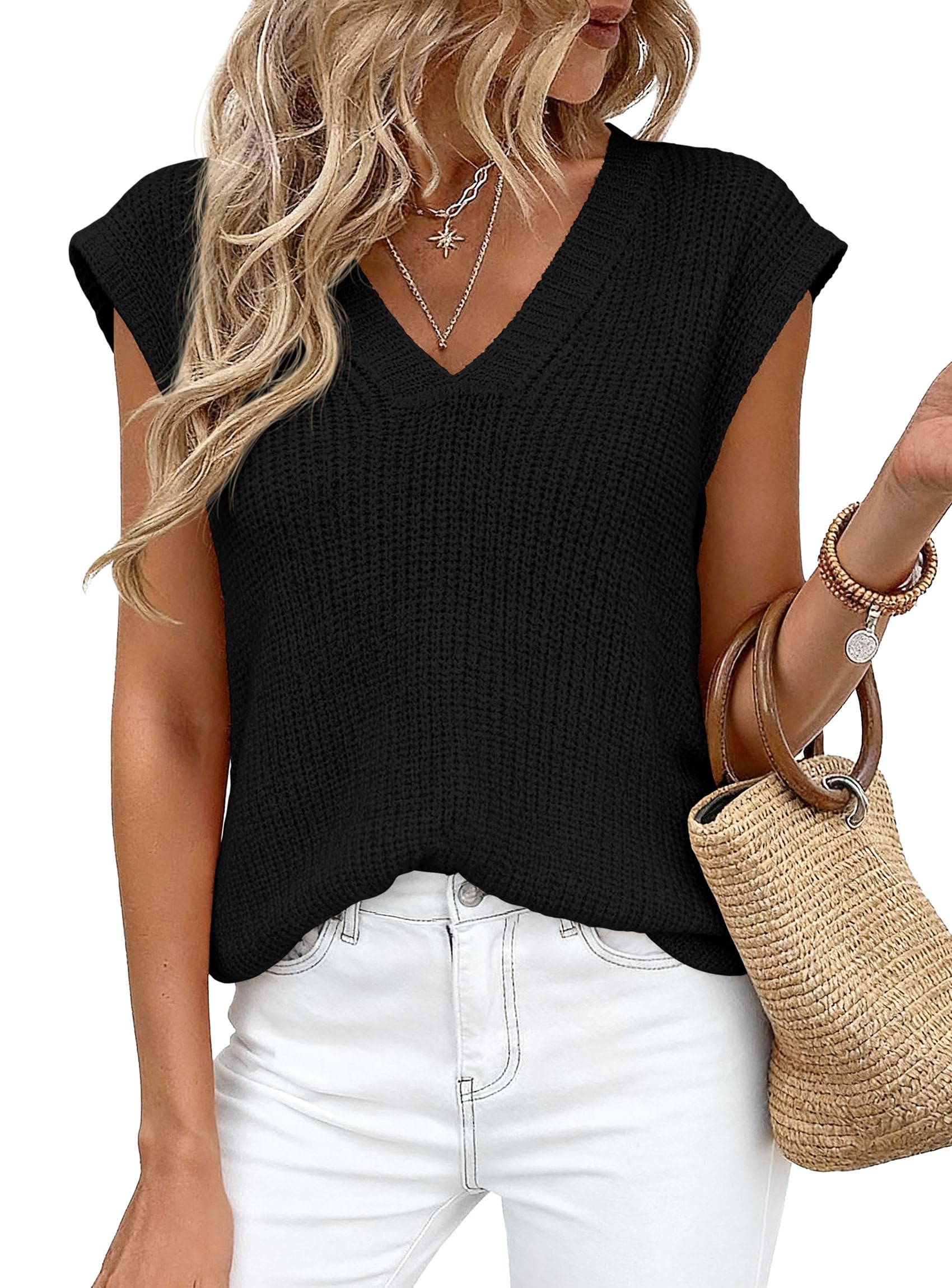 PRETTYGARDEN Women's Lightweight Sweaters Vest Spring Trendy Cap Sleeve V Neck Knit Tank Tops Summer Going Out Outfits