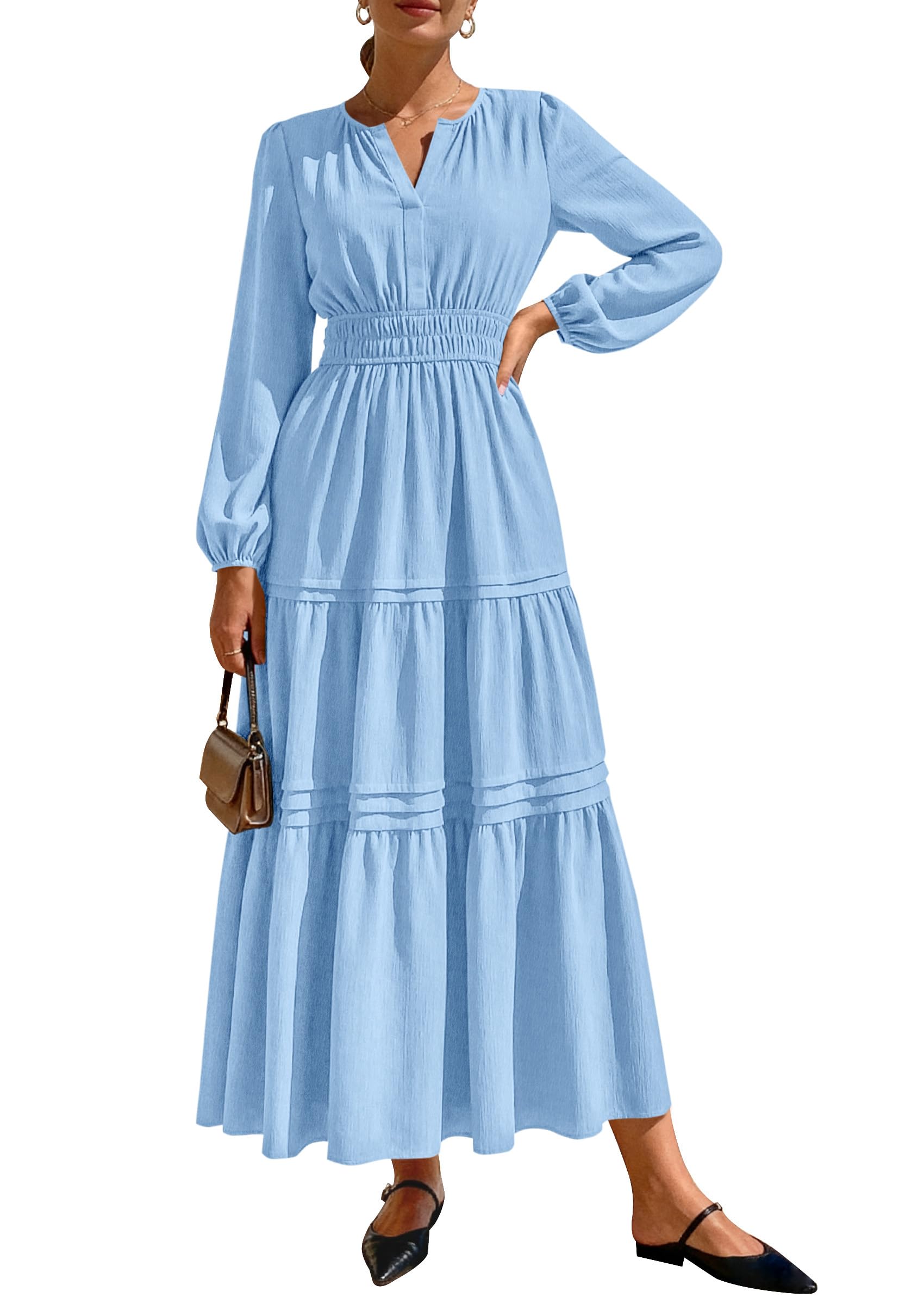 PRETTYGARDEN Women's Elegant Maxi Dresses Long Sleeve V Neck Flowy Pockets Casual Modest Dress Fall Fashion Clothes