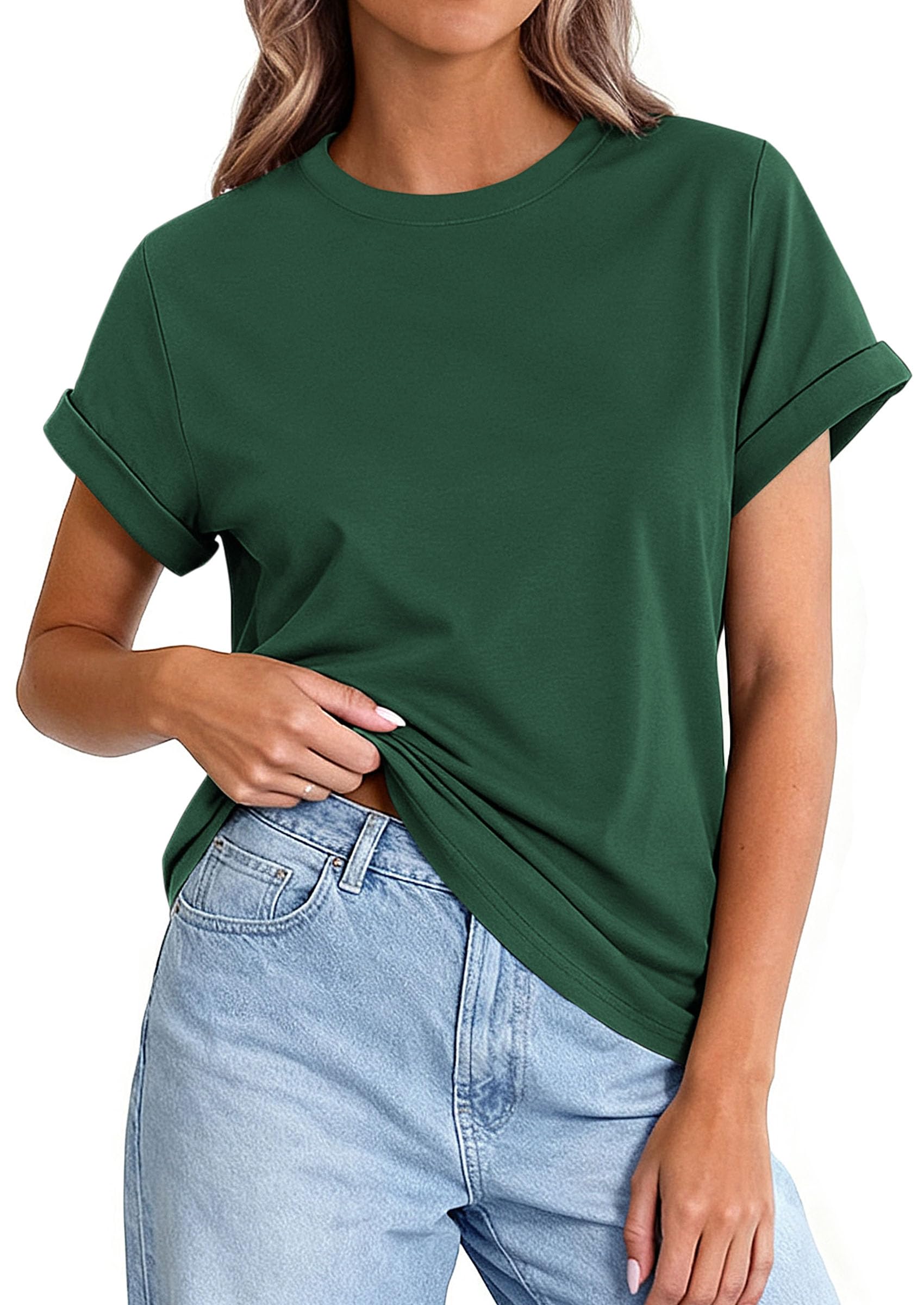 PRETTYGARDEN Womens Summer Tops Spring Casual Rolled Short Sleeve Basic Tees Crew Neck Work Shirts Fashion Clothing