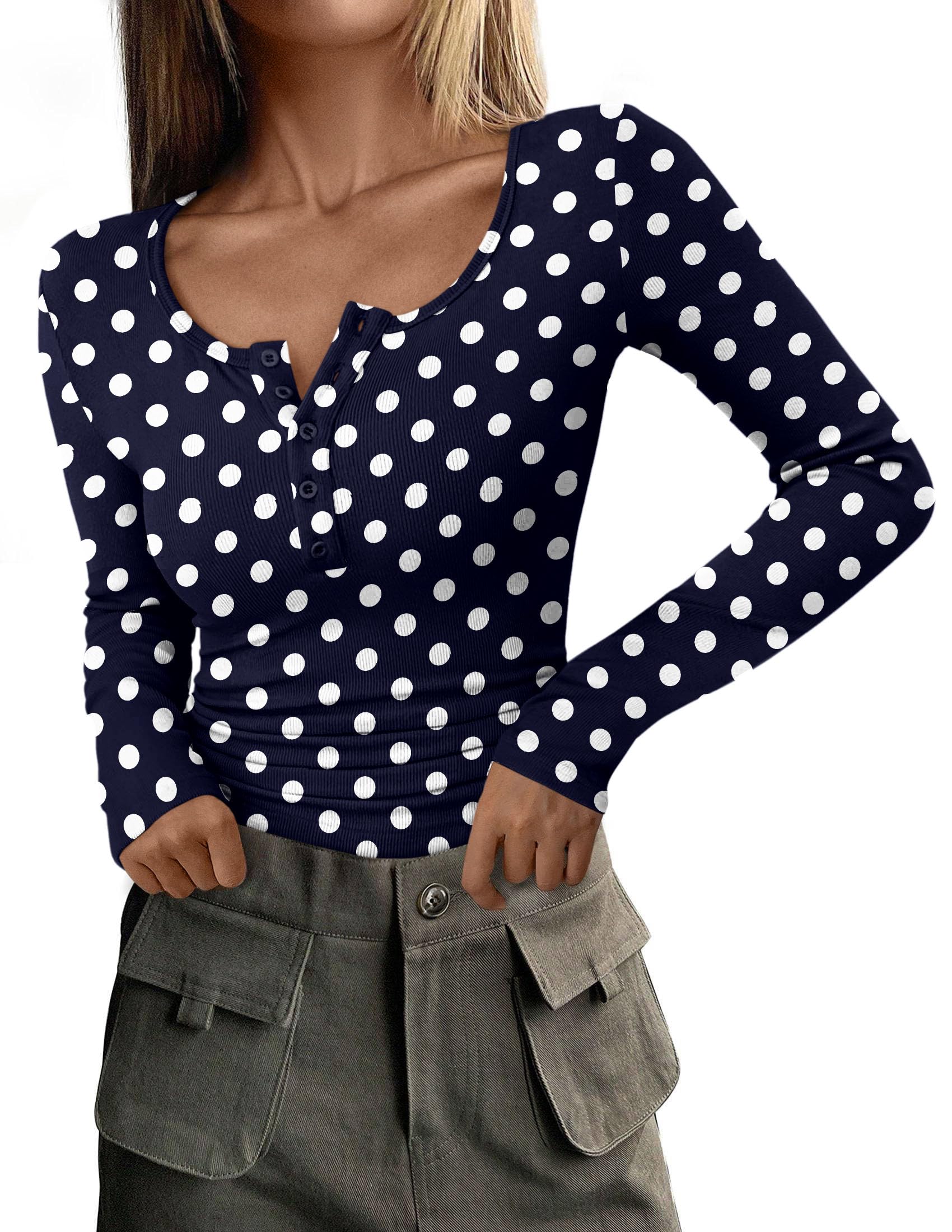 PRETTYGARDEN Women's Fall Long Sleeve Henley T Shirts Button Ribbed Knit Slim Fit Basic Tops Blouse Casual Outfits