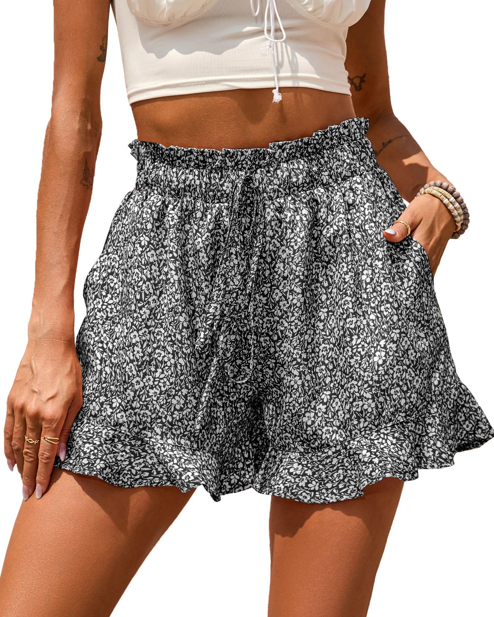 BTFBM Shorts for Women Spring Summer Beach Vacation Clothes Boho Floral Belted Casual Ruffle Short Pants Pocket Outfits