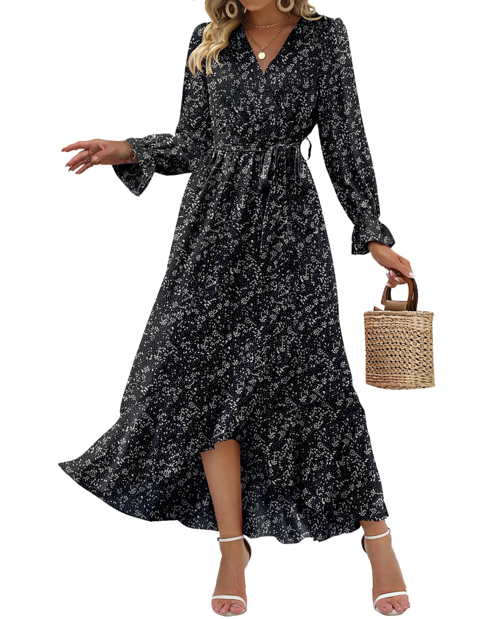 BTFBM Womens Dresses Summer V Neck Floral High Waist Ruffle Wedding Guest Cocktail Boho Spring Long Sleeve Dress