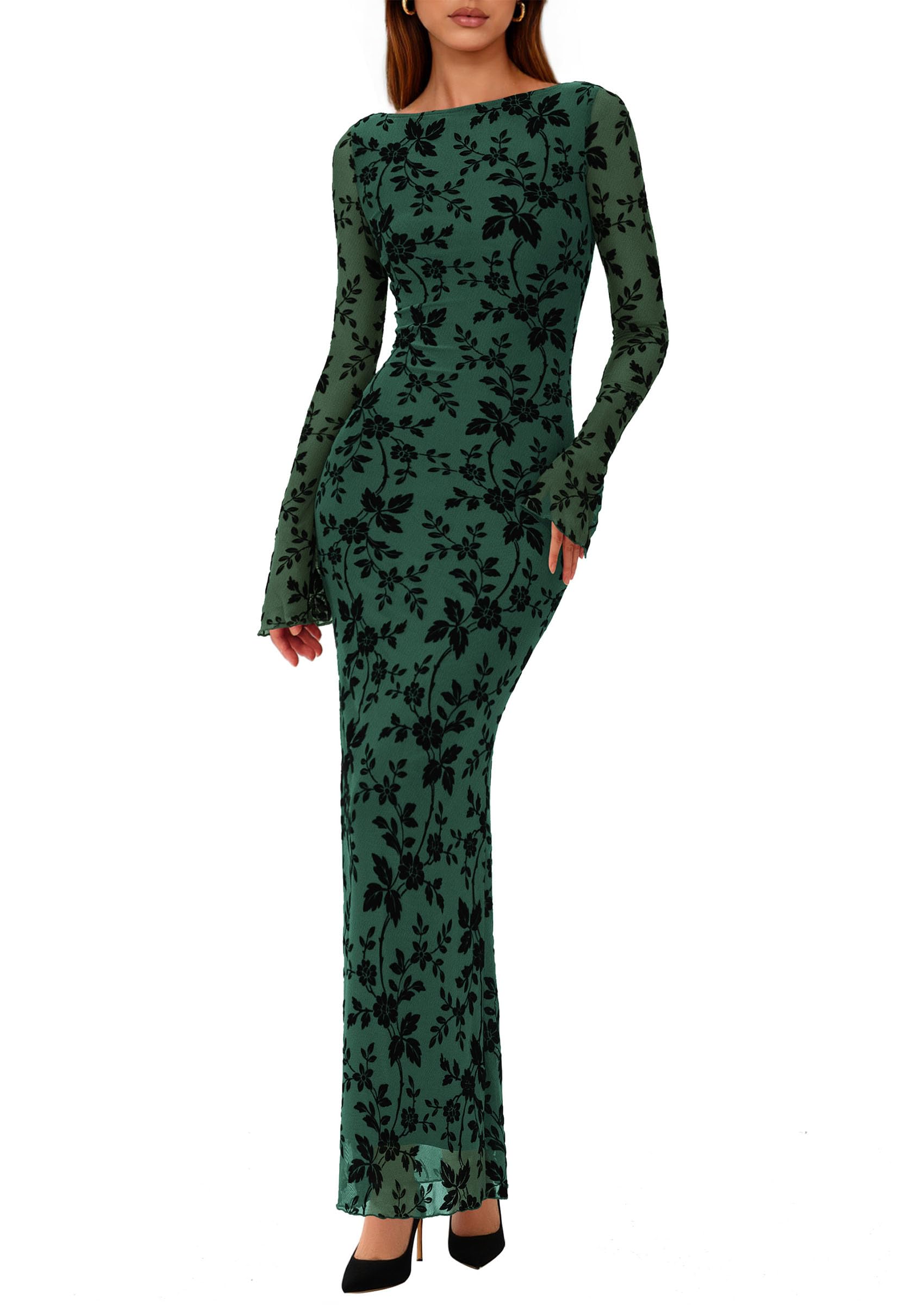PRETTYGARDEN Women's Floral Bodycon Maxi Dress Fall Elegant Mesh Long Sleeve Formal Wedding Guest Cocktail Dresses