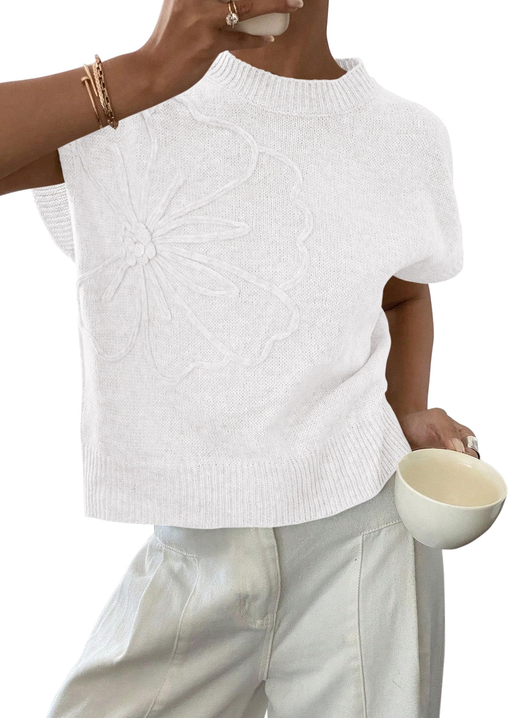 PRETTYGARDEN Women's Spring Sweater Vest Trendy Flower Knit Short Sleeve Cute Pullover Tank Tops Summer Fashion Clothing