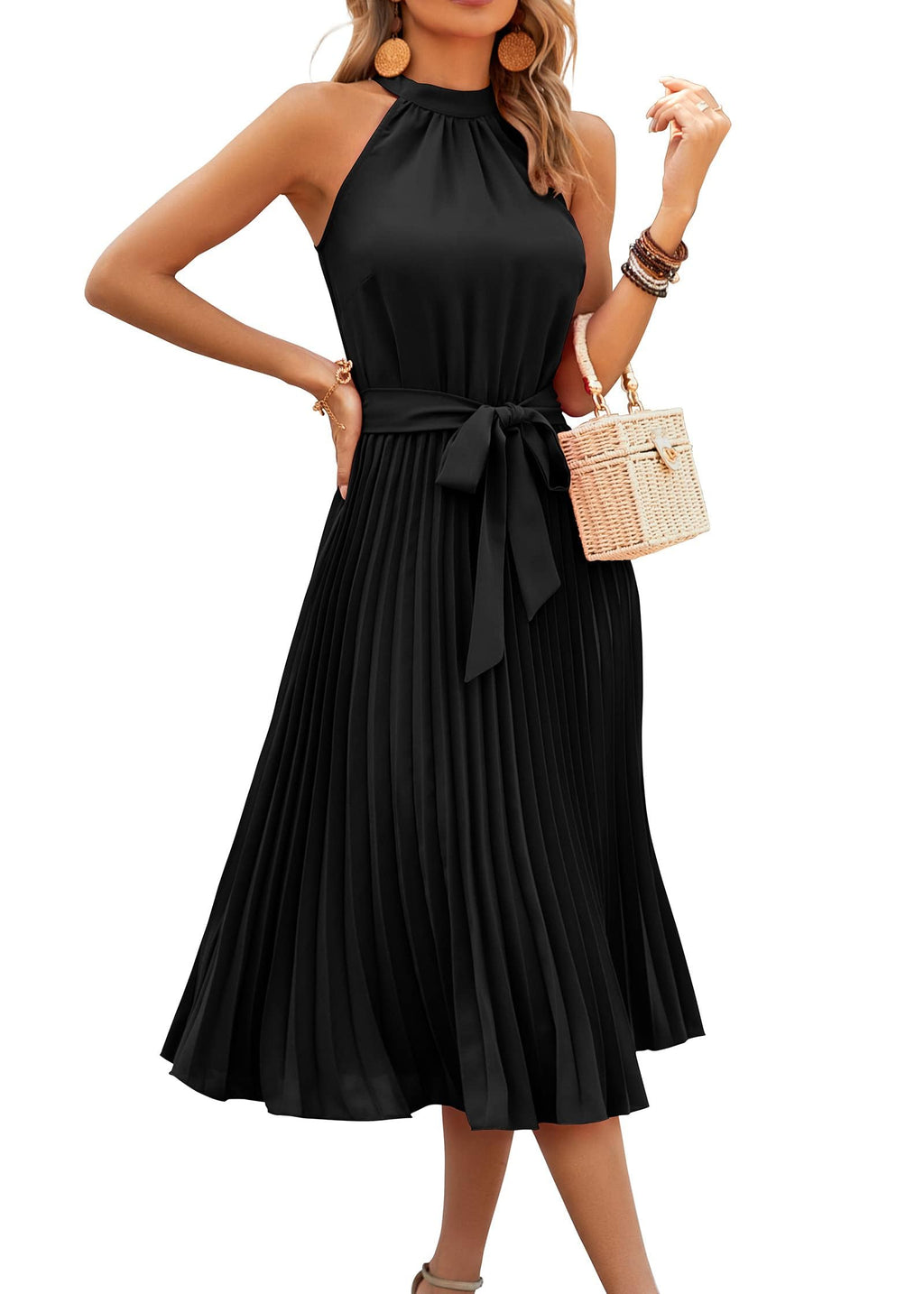 FreshPretty Women's Summer Sleeveless Halter Neck Pleated Midi Cocktail Dresses A Line Flowy Beach Sun Dress with Belt