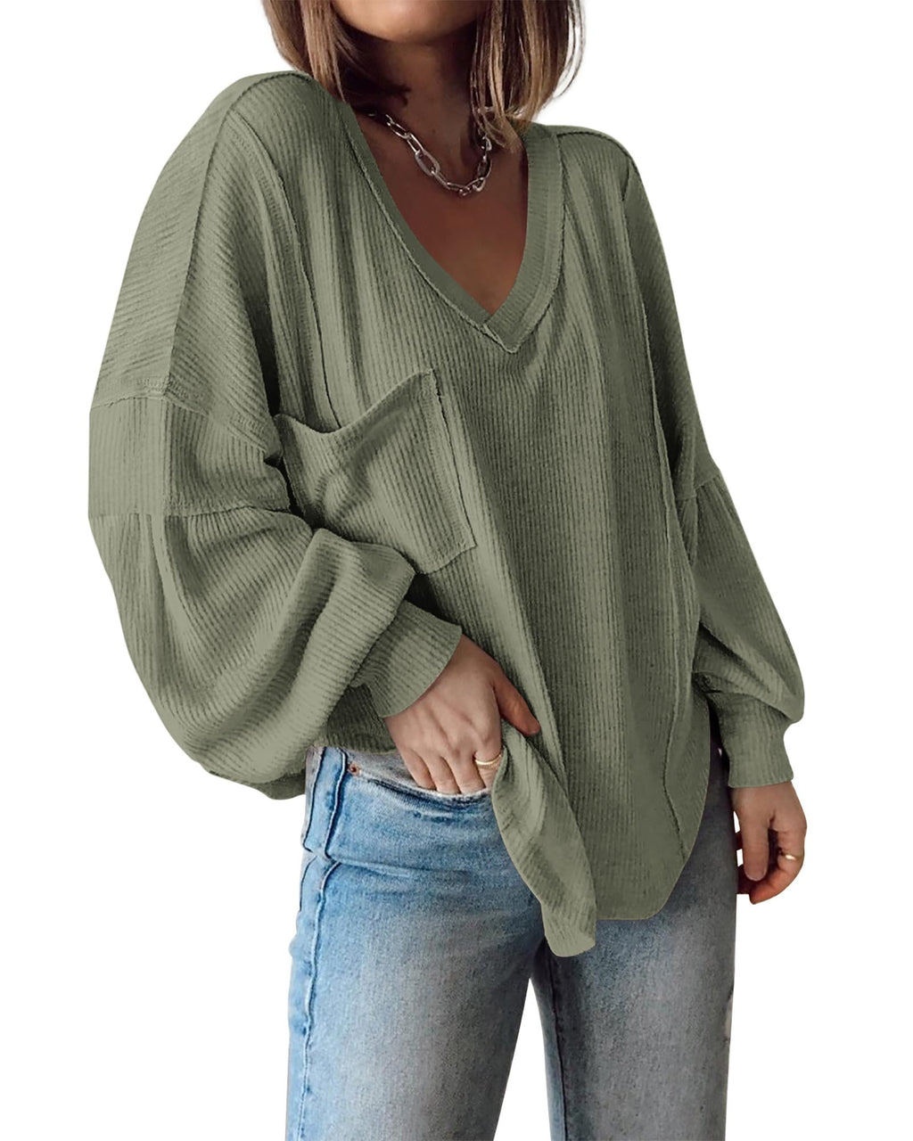 FreshPretty Womens Fall Fashion Long Sleeve Shirts Casual V Neck Ribbed Knit Blouses Pullover Trendy Loose Fit Tunic Tops