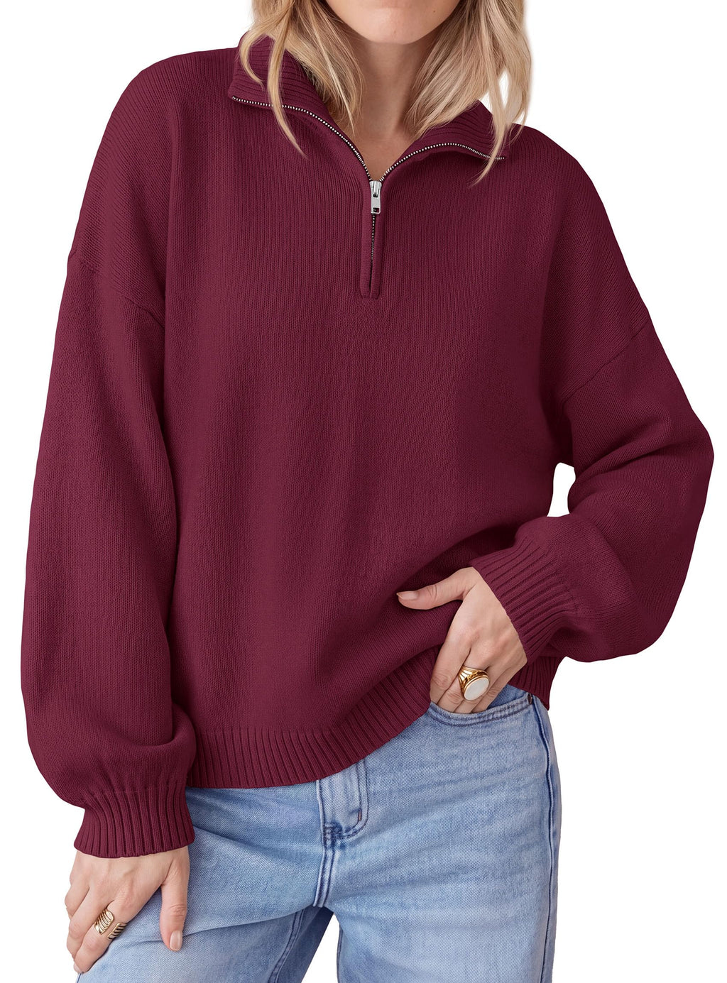 PRETTYGARDEN Women's Quarter Zip Pullover Oversized Sweaters Collared Neck, Long Balloon Sleeve, Jumper Tops, Soft Cozy Knit, Ribbed Hem, Loose Fit, Fall Outfits, Winter Fashion Clothing