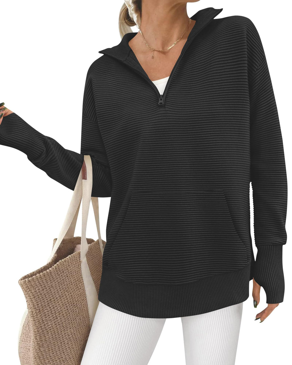 BTFBM Sweaters for Women Fall Clothes Pocket Quarter Zip Pullover V Neck Long Sleeve Knit Trendy Winter Sweater
