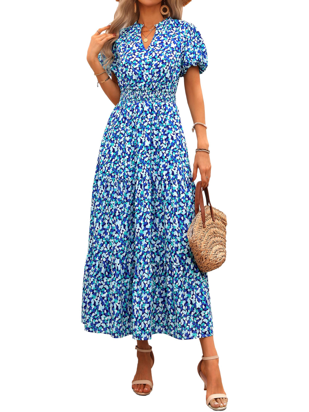 PRETTYGARDEN Summer Maxi Dresses for Women  Casual V Neck Puff Short Sleeve Smocked Flowy Beach Boho Long Floral Dress
