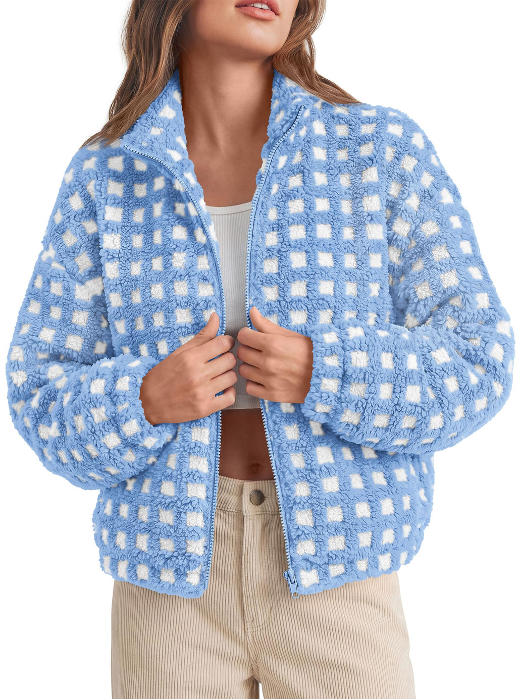 PRETTYGARDEN Women's Gingham Sherpa Fleece Jacket Plaid Cropped Teddy Coat Trendy Y2K Winter Jacket, Zip Up Stand Collar, Side Pockets, Fall Outfit for Casual Daily, Going Out, Streetwear, Outdoor