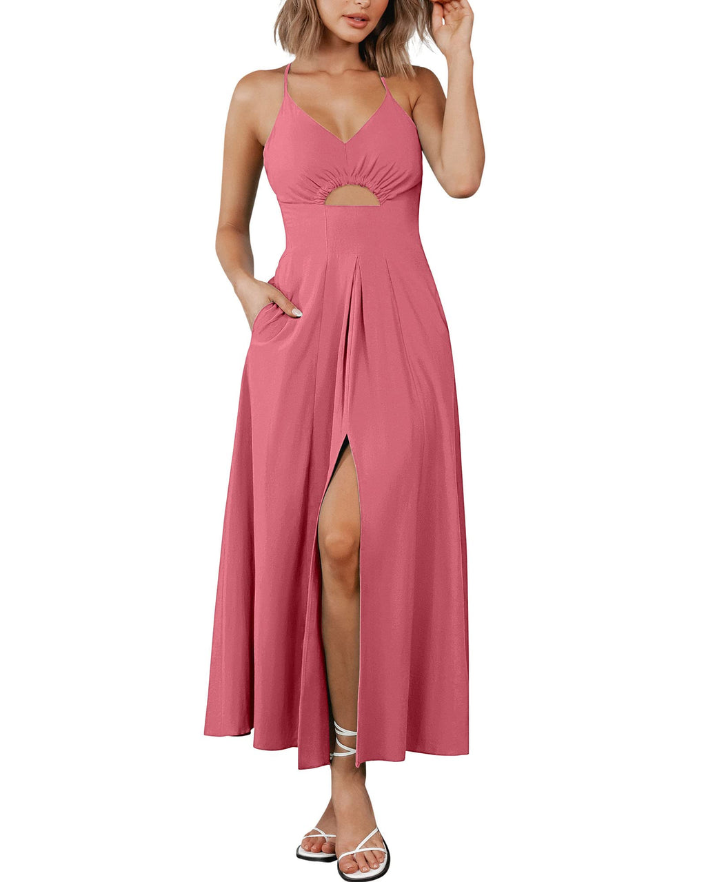 BTFBM Women Spaghetti Strap Midi Summer Dresses Sleeveless V Neck Cutout Slit Casual Beach Party Maxi Dress Pockets
