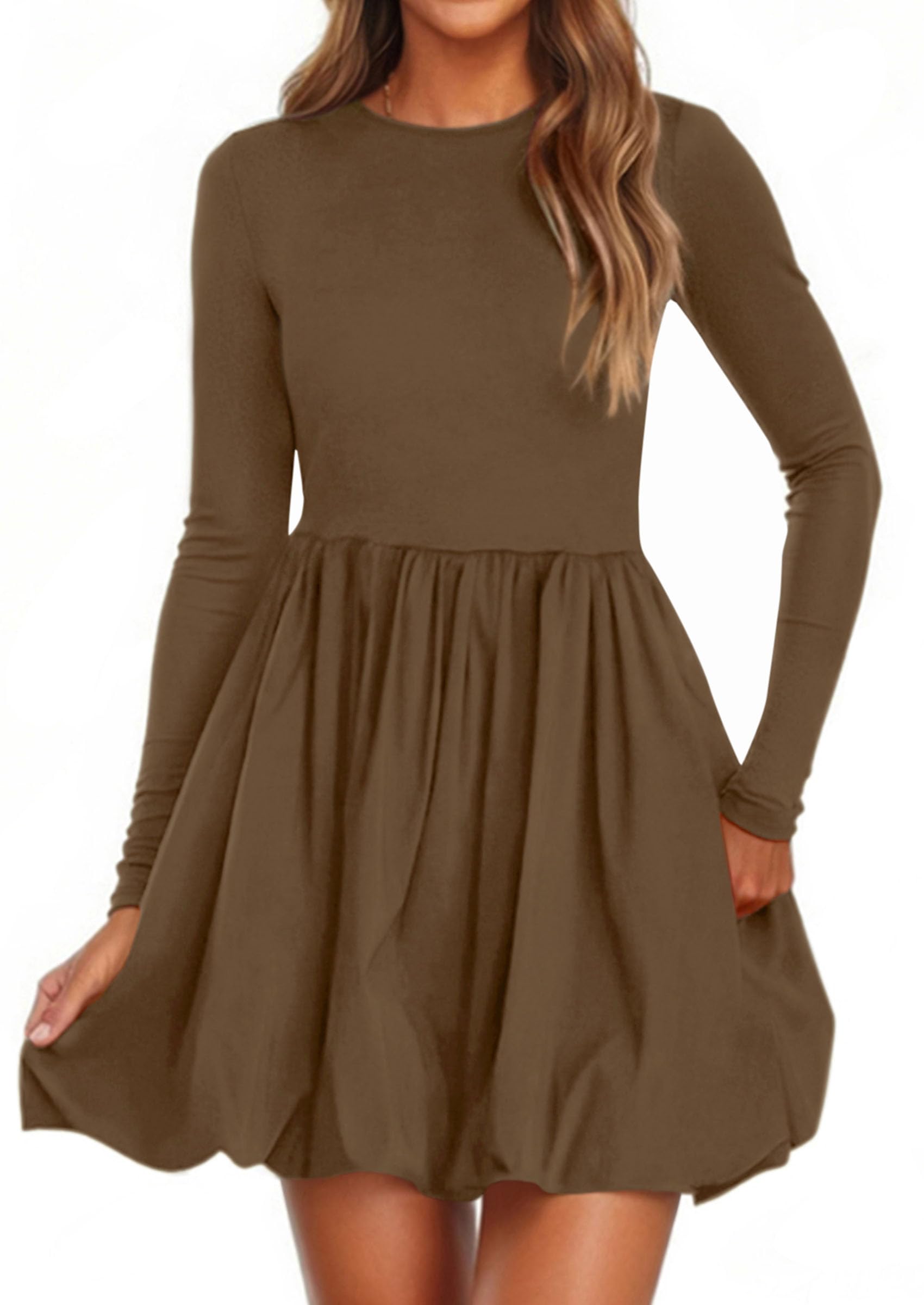 PRETTYGARDEN Fall Dresses for Women Casual Long Sleeve Bubble Cute Crew Neck A Line Mini Short Dress with Pockets