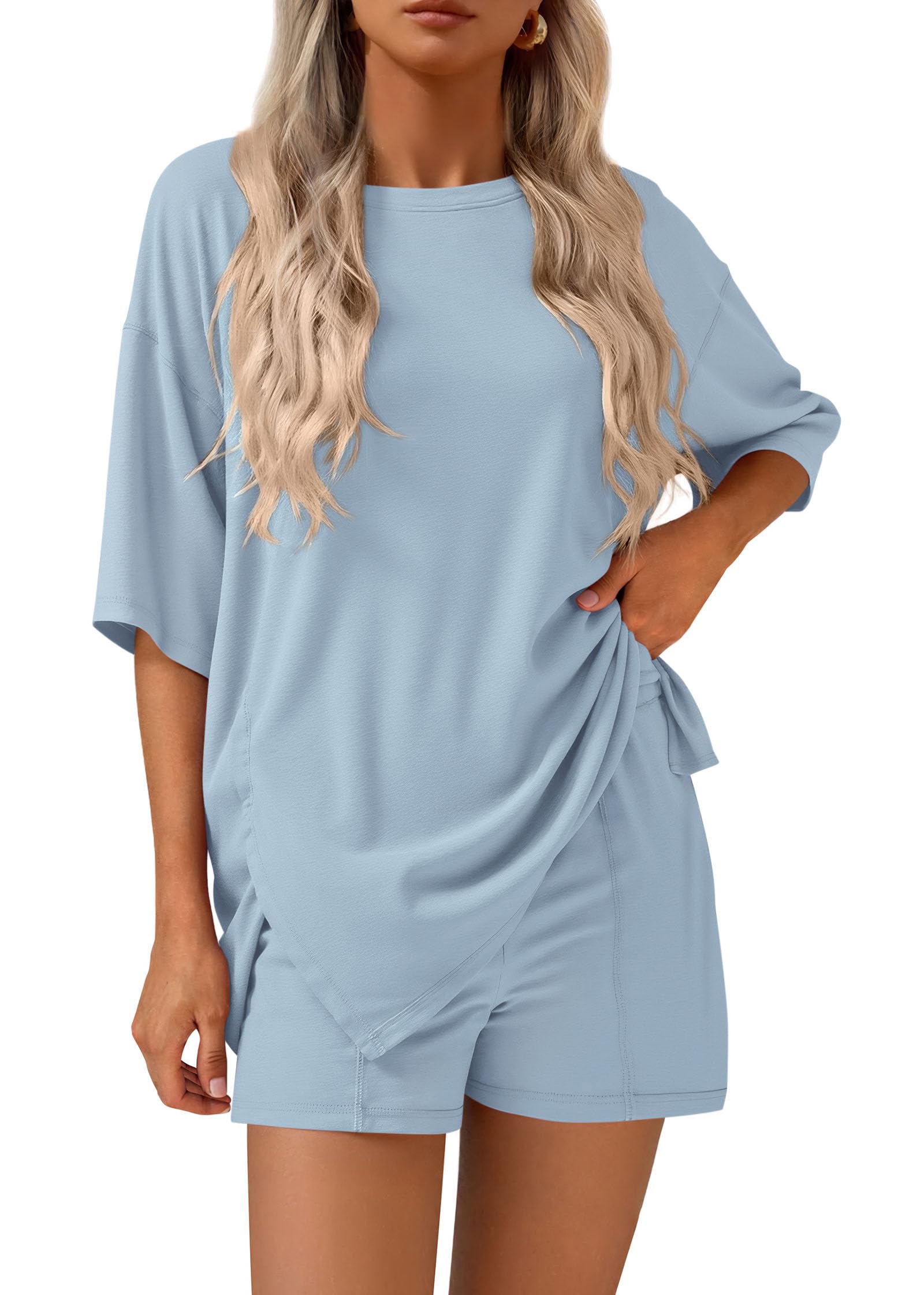 FreshPretty 2 Piece Sets for Women Summer Lounge Sets Casual Oversized Tshirts Shorts Matching Airport Travel Outfits Postpartum
