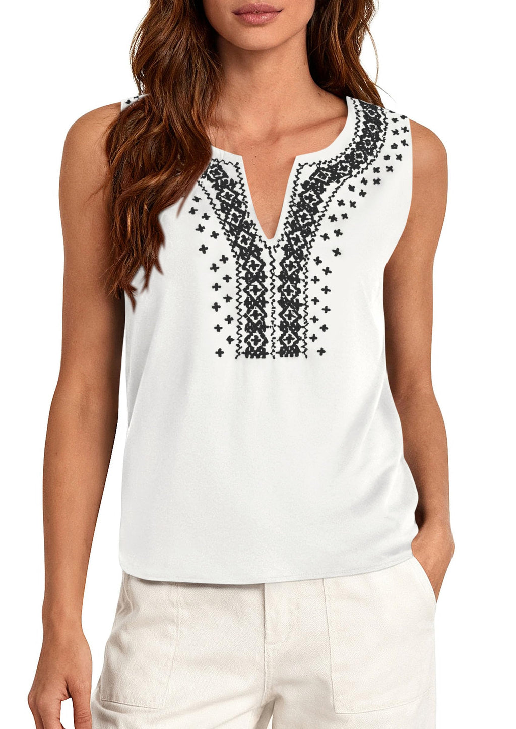 PRETTYGARDEN Womens Tank Tops Summer Causal V Neck Sleeveless Shirts Floral Print Embroidered Beach Vacation Boho Top