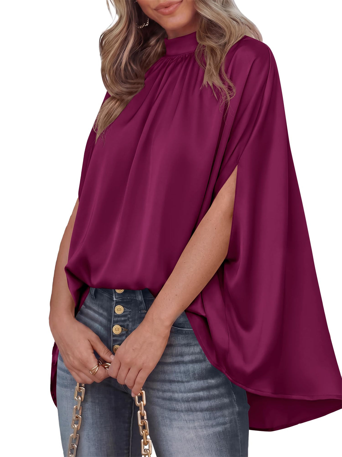 BTFBM Womens Summer Tops Mock Neck Batwing Sleeve Silk Satin Shirts Loose Oversized Dressy Casual Spring Blouses
