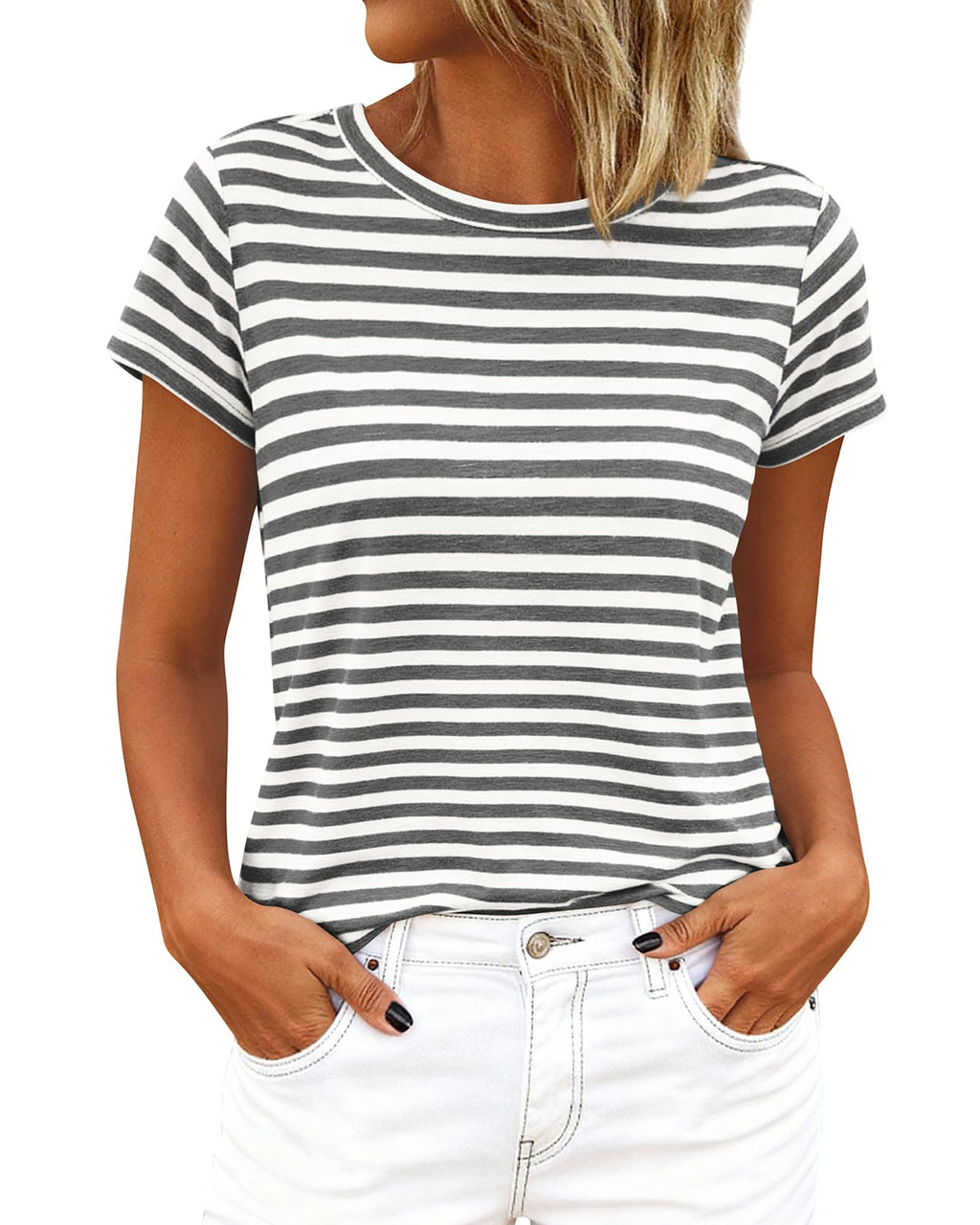 BTFBM Tops for Women Trendy Summer Crew Neck Short Sleeve T Shirts Striped Casual Vacation Blouse Basic Tee