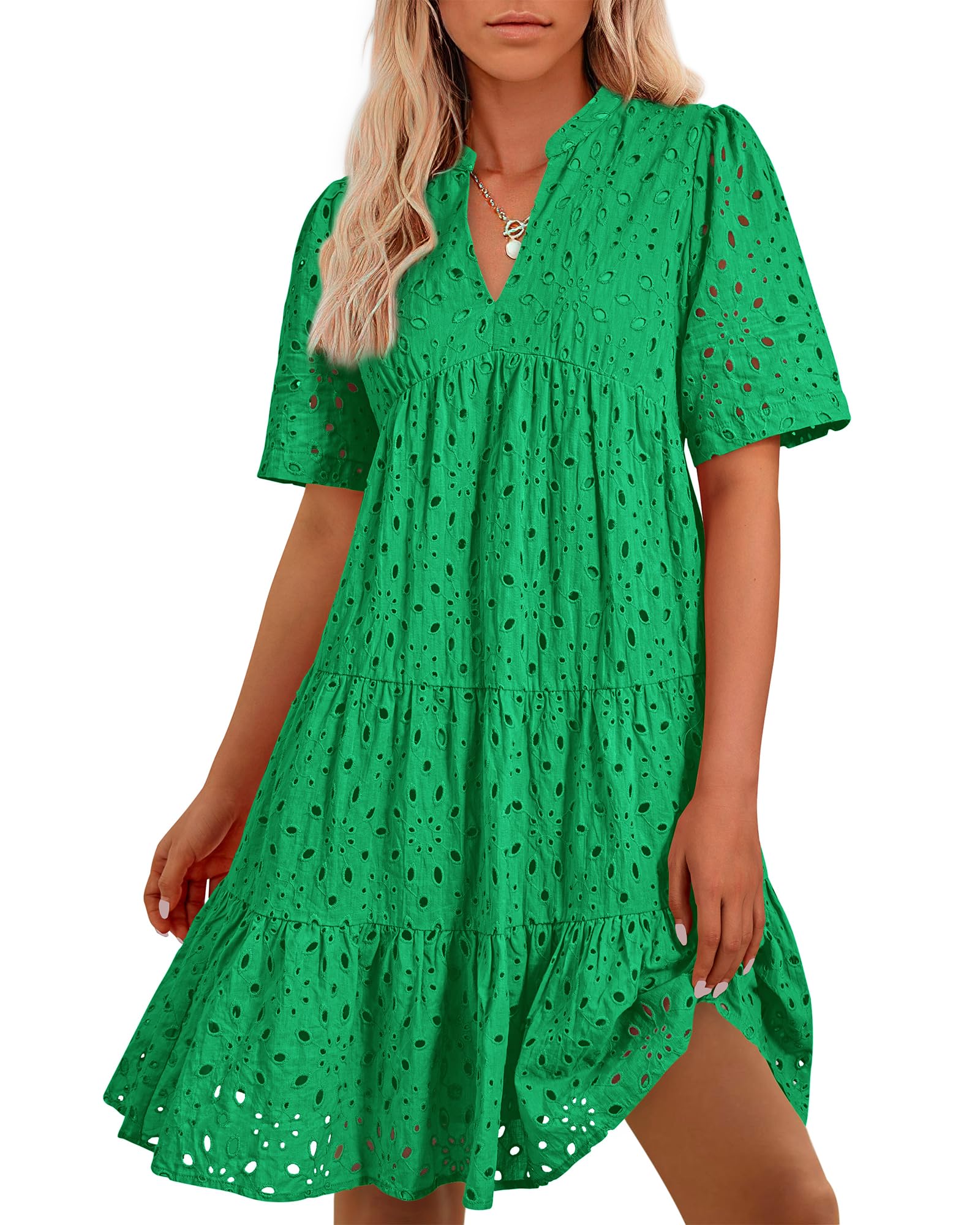 BTFBM Womens Boho Summer Dresses Spring V Neck Short Sleeve Hollow Out Lace Ruffle Casual Beach Mini Vacation Dress