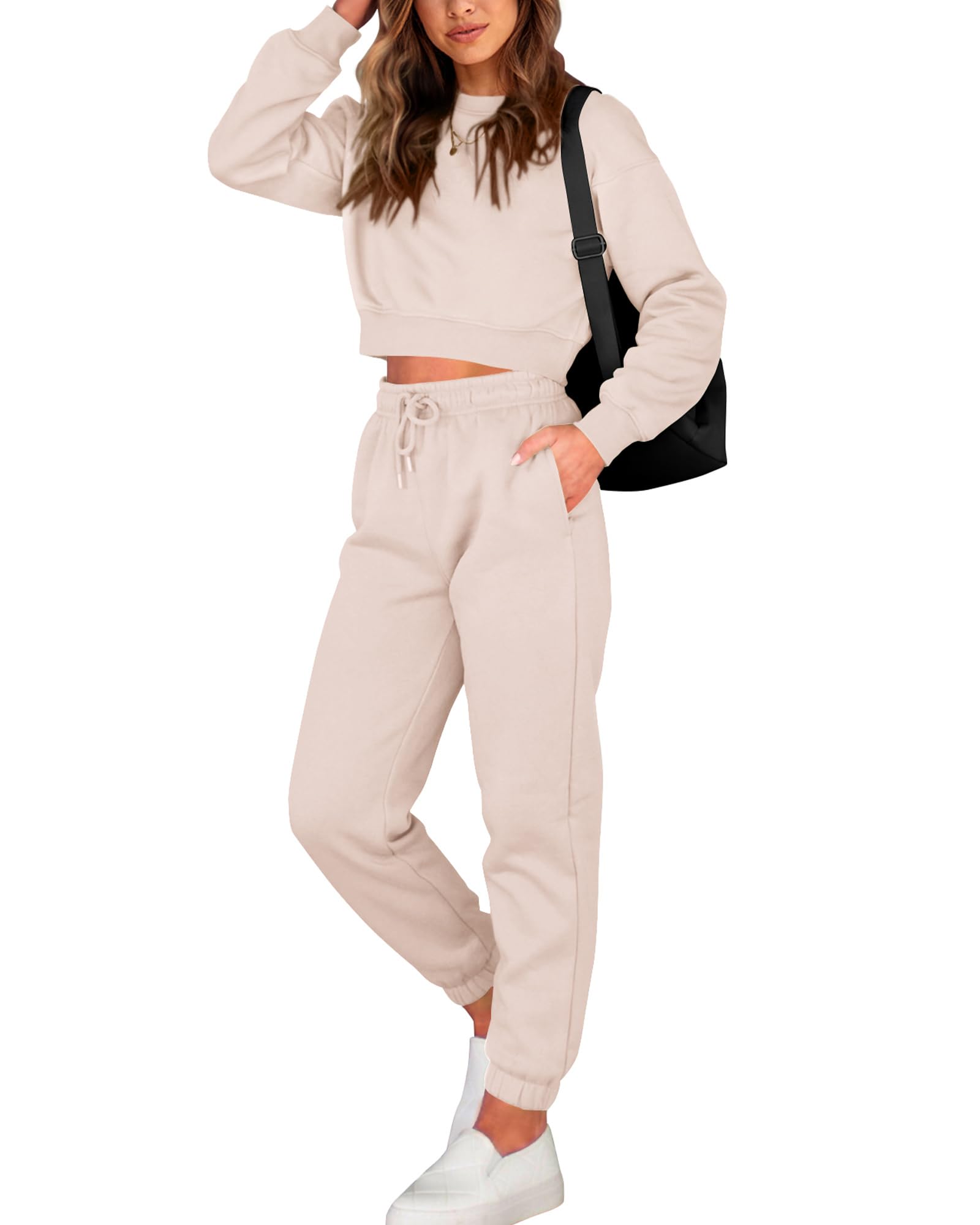 BTFBM Women 2 Piece Outfits Long Sleeve Crop Top Pullover Drawstring Pant Jogger Set Casual Sweatsuits Tracksuit Pockets