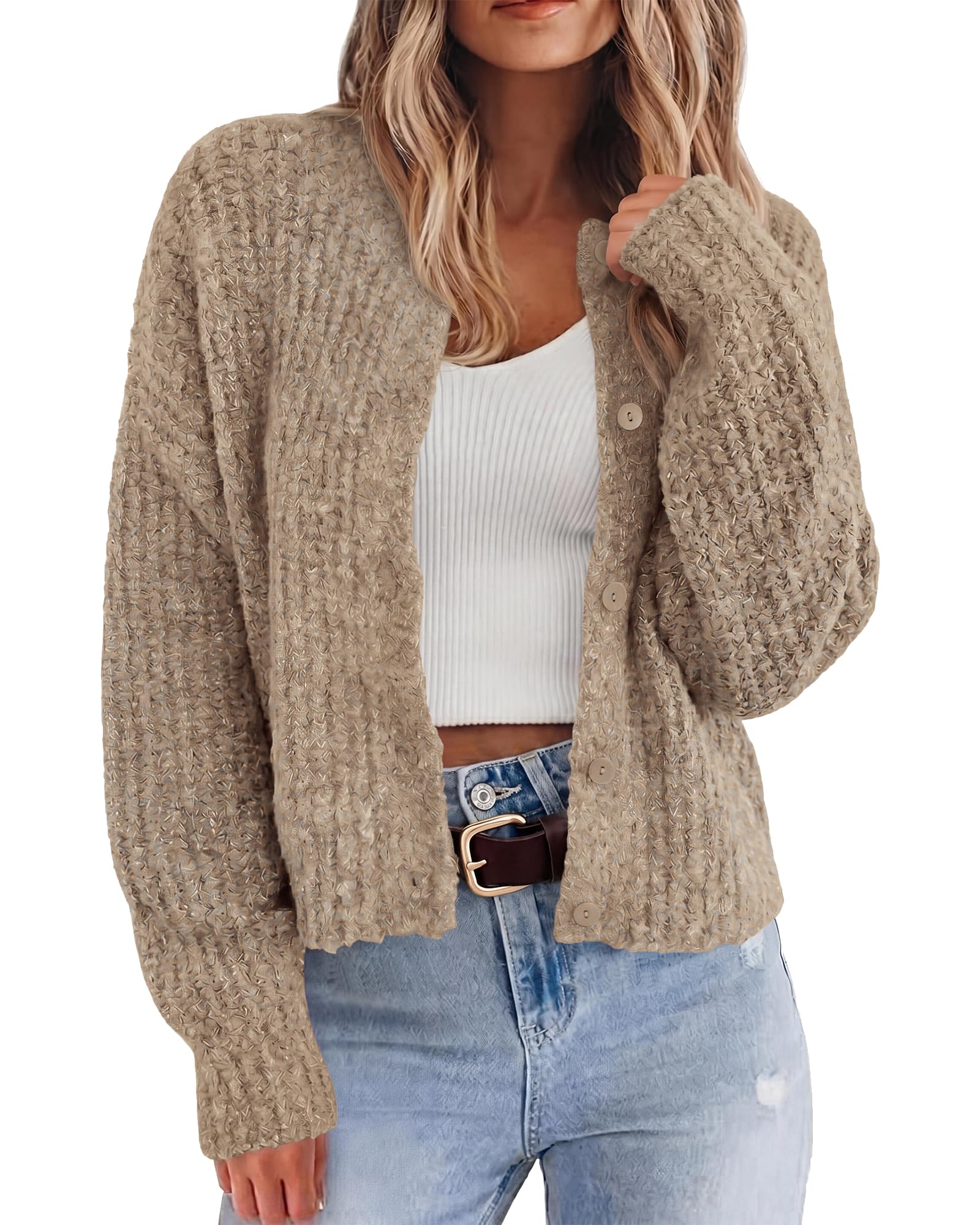 BTFBM Cardigan Sweaters for Women Fall Long Sleeve Button Down Soft Loose Chunky Knit Outwear Cropped Winter Coats
