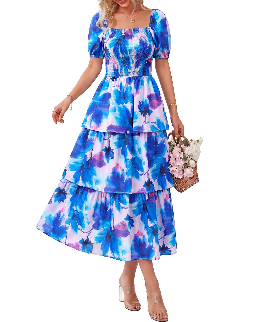 BTFBM Womens Square Neck Smocked Dress Summer Puff Short Sleeve Floral Casual Ruffle Tiered Maxi Wedding Guest Dresses