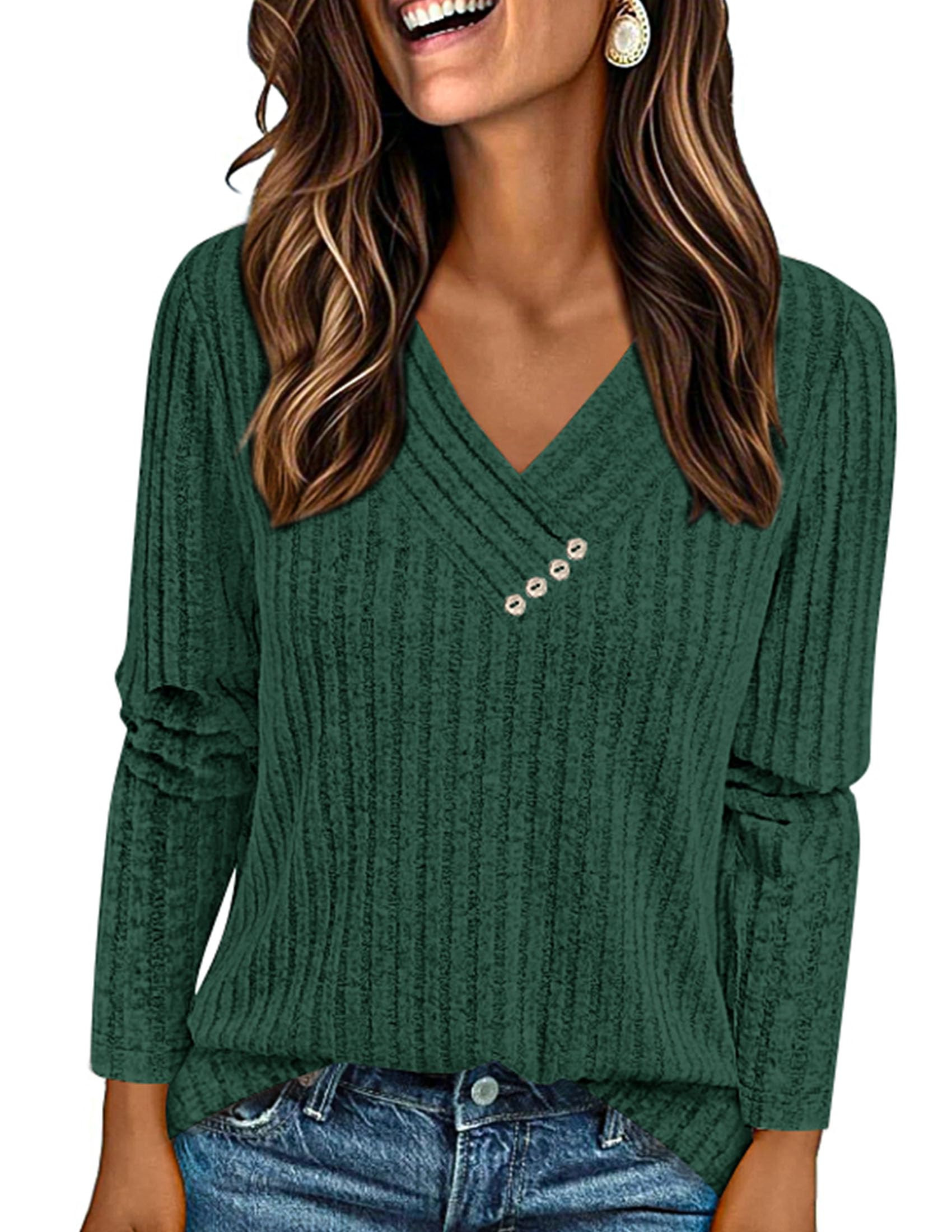 PRETTYGARDEN Women's Long Sleeve Shirts Fall Fashion Clothes Casual Ribbed V Neck Loose Tunic Tops Lightweight Sweaters