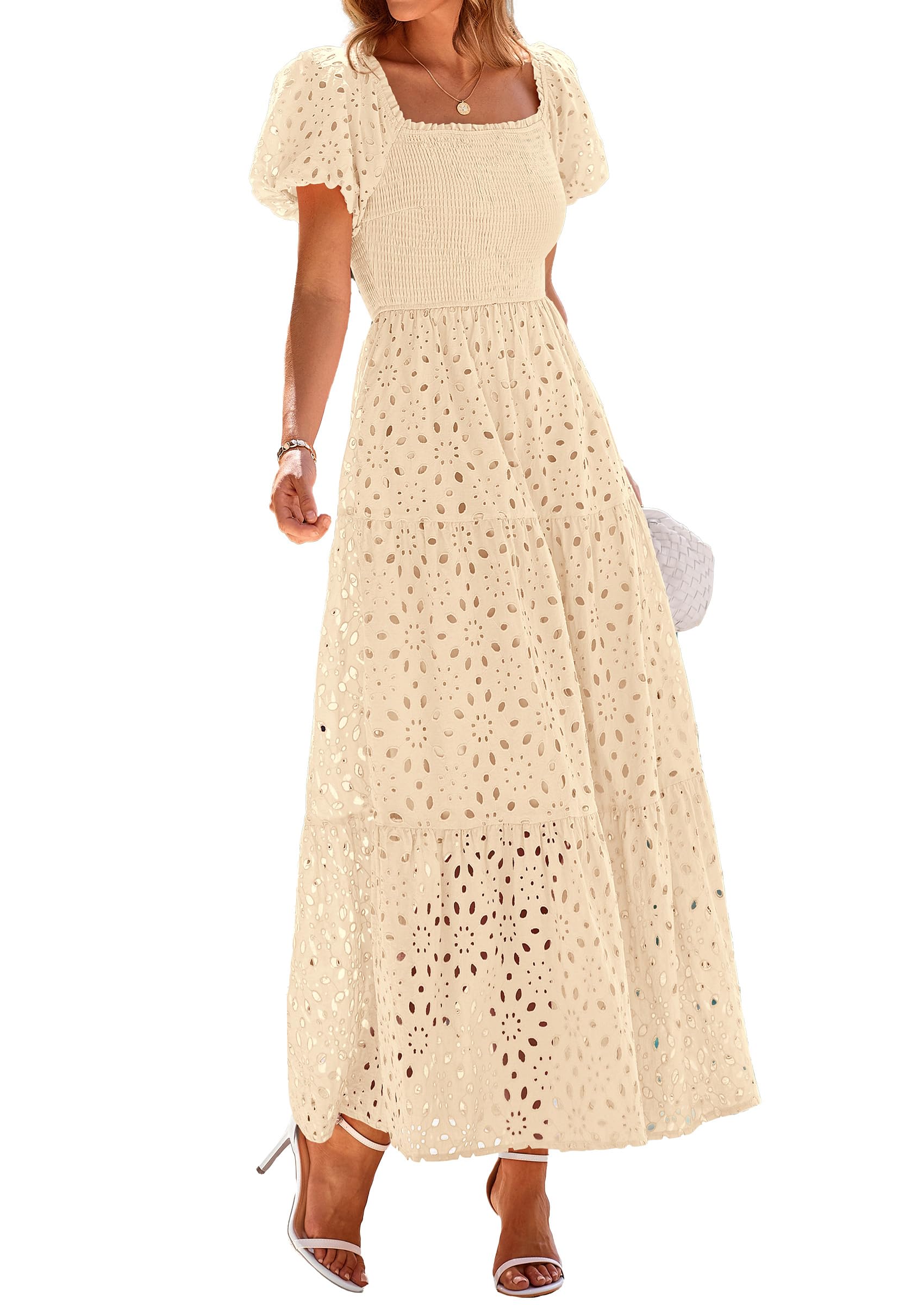 PRETTYGARDEN Summer Dresses for Women Eyelet Square Neck Puff Sleeve Smocked Wedding Guest Maxi Dress with Pockets