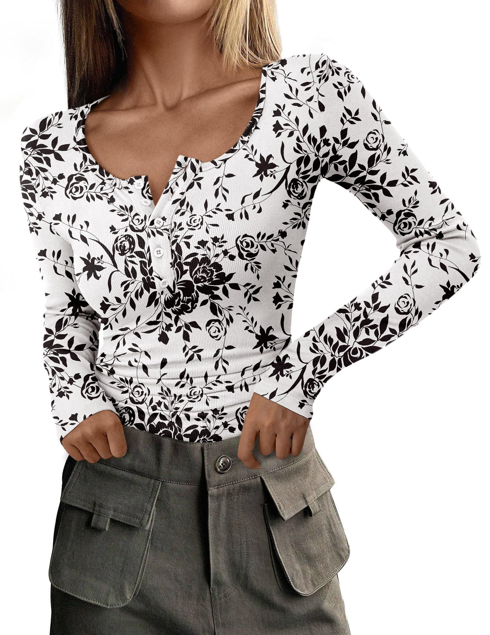 PRETTYGARDEN Women's Fall Long Sleeve Henley T Shirts Button Ribbed Knit Slim Fit Basic Tops Blouse Casual Outfits