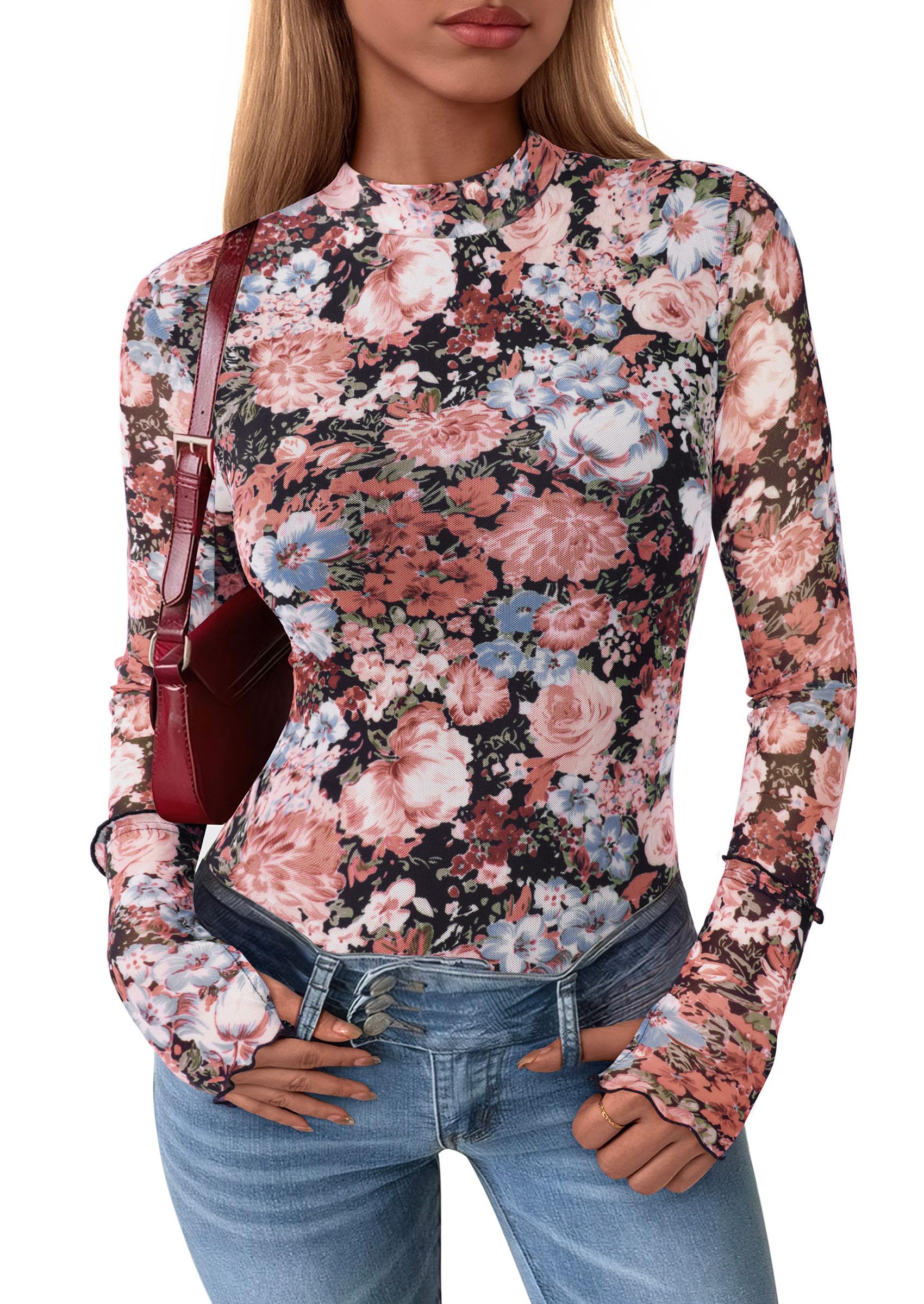 PRETTYGARDEN Womens Fall Mesh Floral Blouses Long Sleeve Going Out Tops Slim Fitted Shirts Date Night Outfits