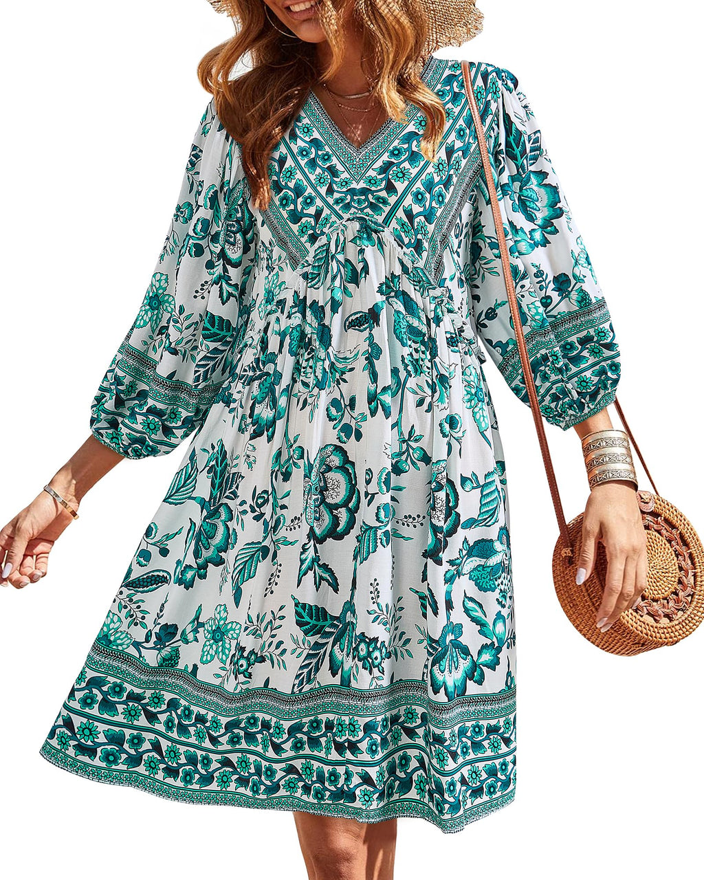 BTFBM Women Casual Spring Summer Dresses V Neck 3/4 Long Sleeve Ruffle Floral Flowy Boho Babydoll Mini Short Beach Dress