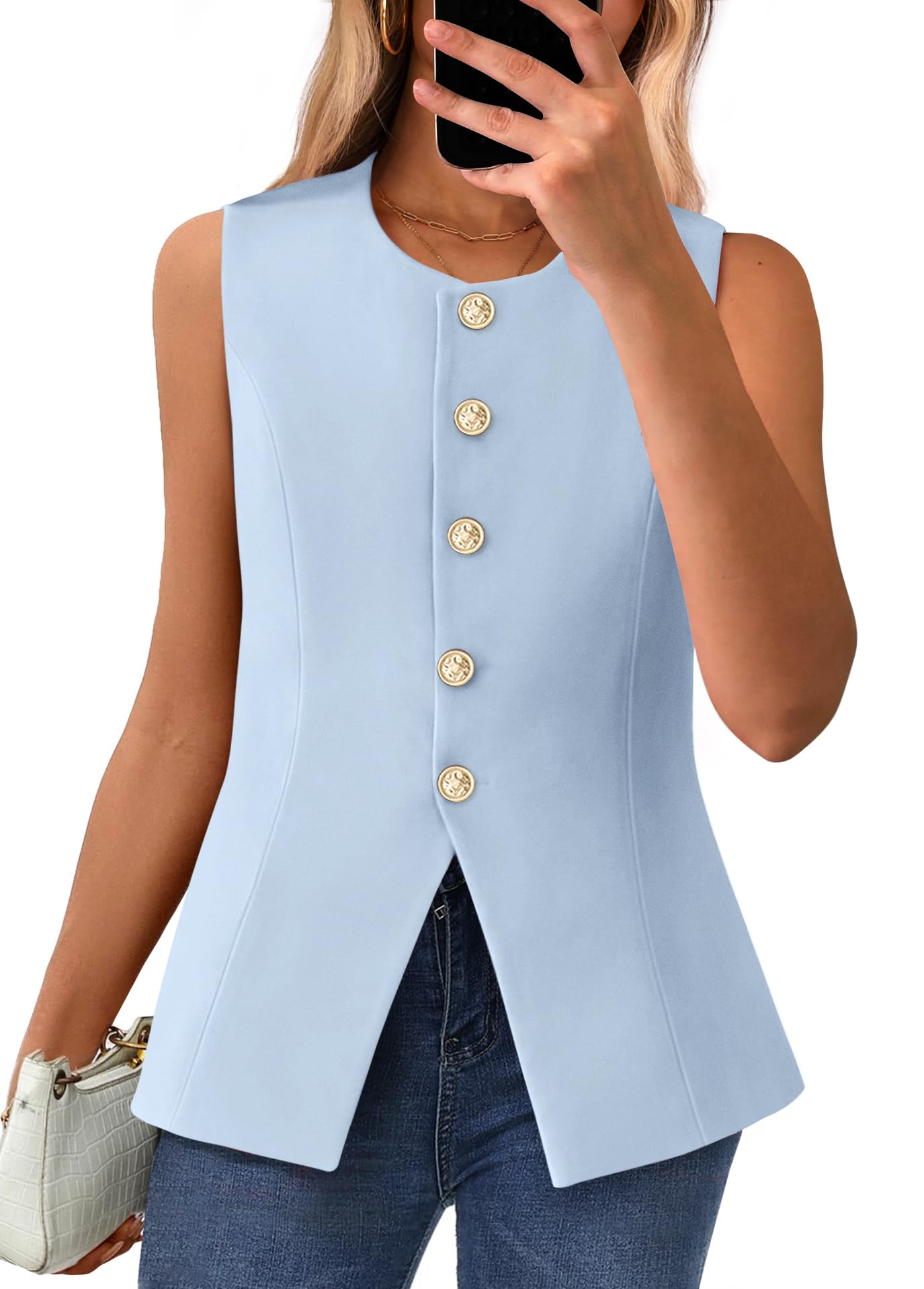 BTFBM Summer Sleeveless Blazer Vest For Women Dressy Button Down Round Neck Business Casual Outfits Work Suit Vests Tops