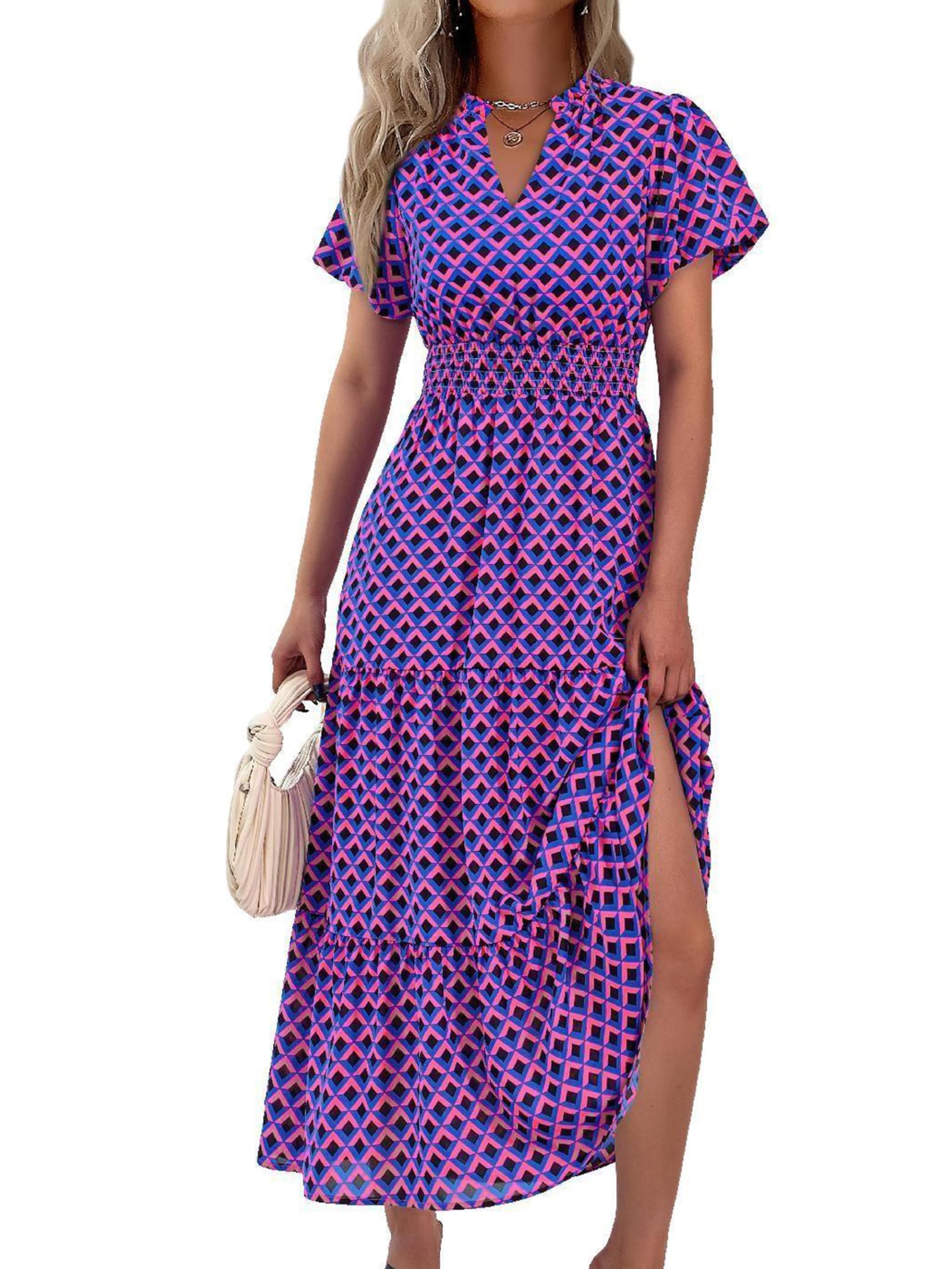 PRETTYGARDEN Summer Maxi Dresses for Women  Casual V Neck Puff Short Sleeve Smocked Flowy Beach Boho Long Floral Dress