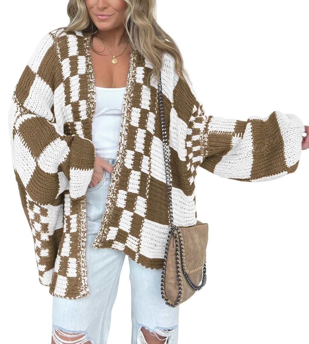 FreshPretty Casual Cardigan Sweater for Women Fall Long Sleeve Open Front Chunky Knit Sweaters Checkered Outwear Coat